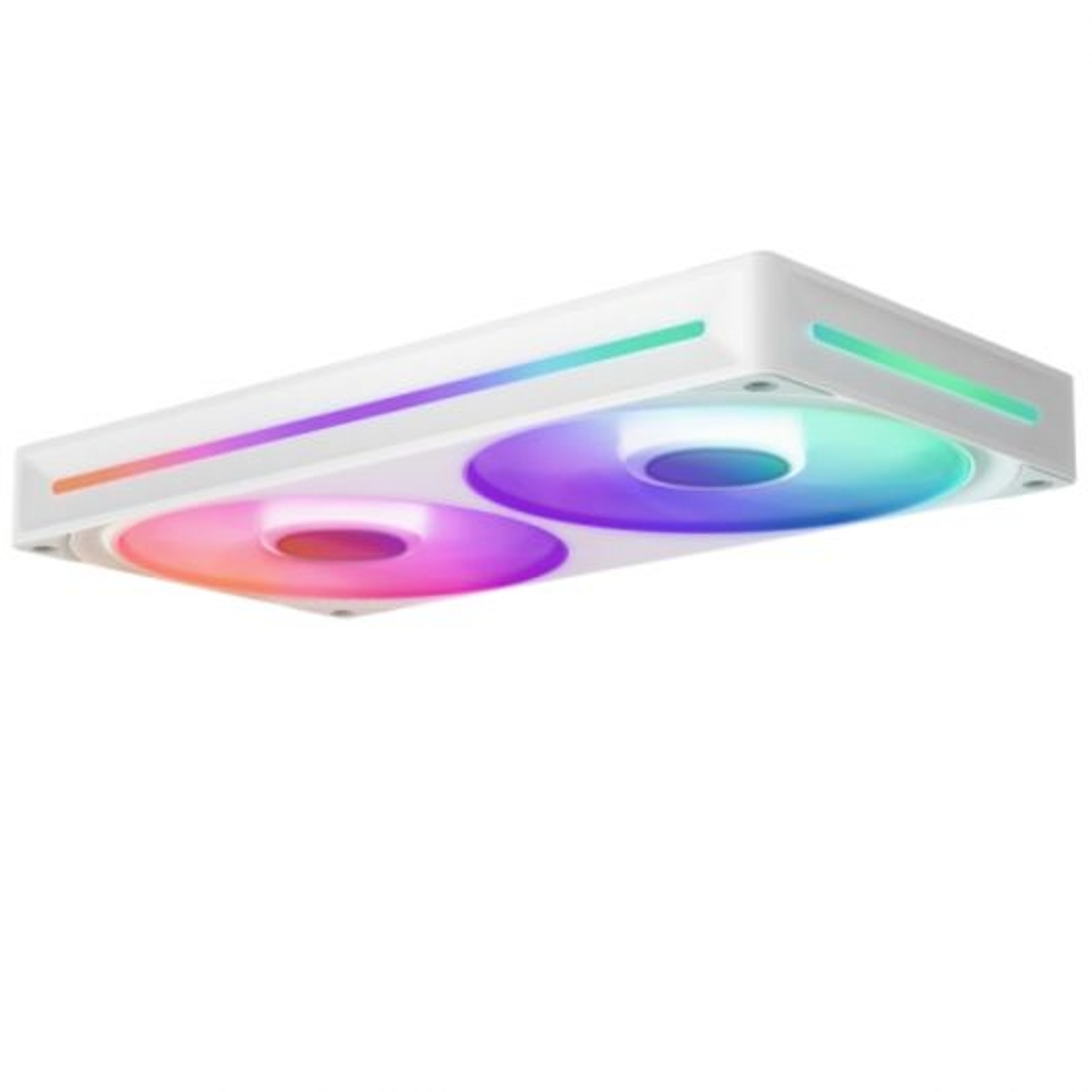 Ventilateur blanc, deux pales rotatives, lumières colorées. Design rectangulaire.