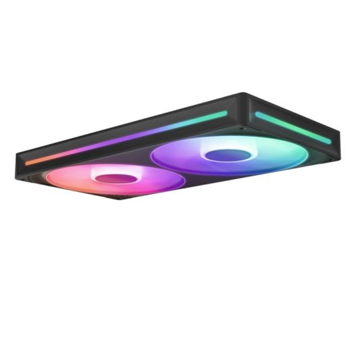 Ventilateur PC noir avec deux lumières RVB. Le ventilateur est rectangulaire avec trous de vis.