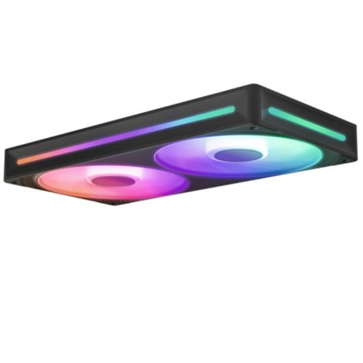 Schwarzer PC-Lüfter mit zwei RGB-Lichtern. Der Lüfter ist rechteckig mit Schraubenlöchern.