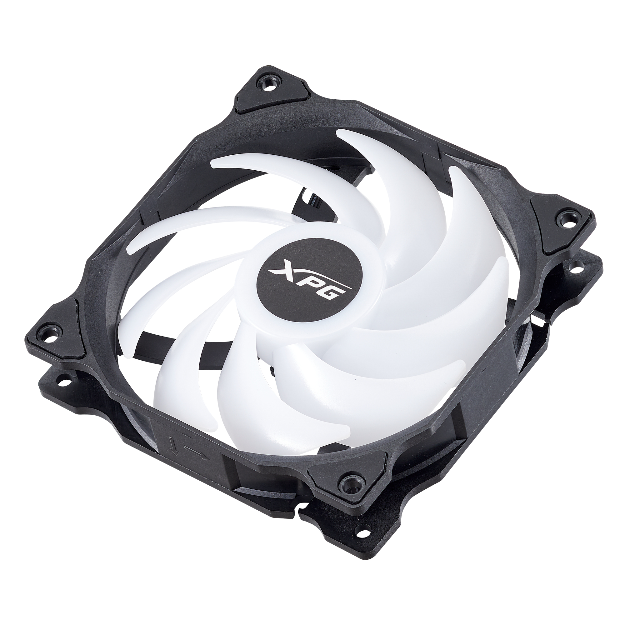 Black PC fan with white blades and XPG logo. The fan has a black frame with screw holes.
