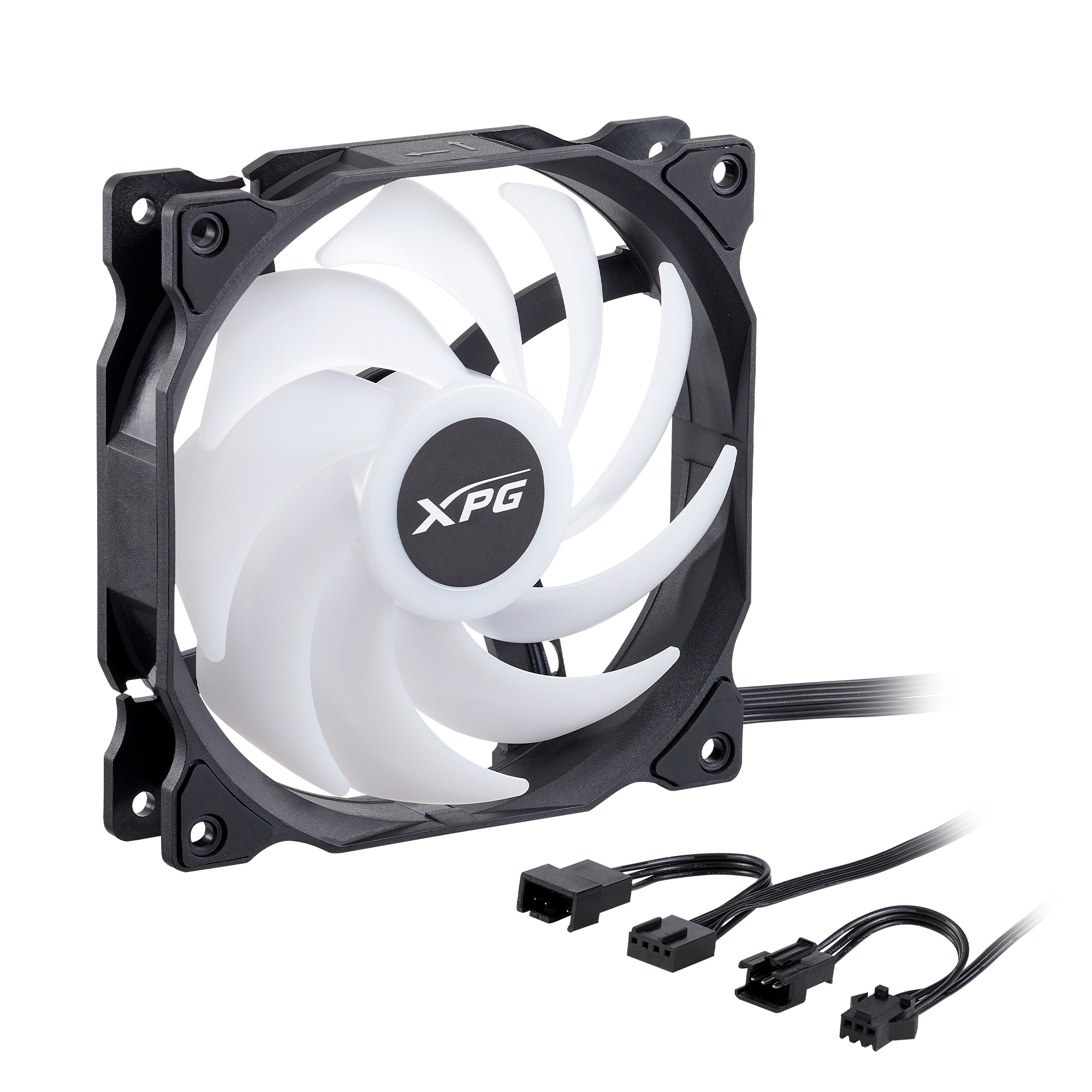 Black and white fan with white blades and a black frame, with three connectors.