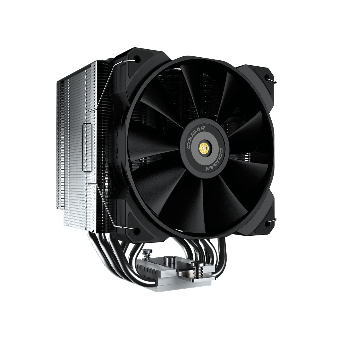 Enfriador de CPU negro con ventilador negro, disipador de calor metálico, logo Cougar.
