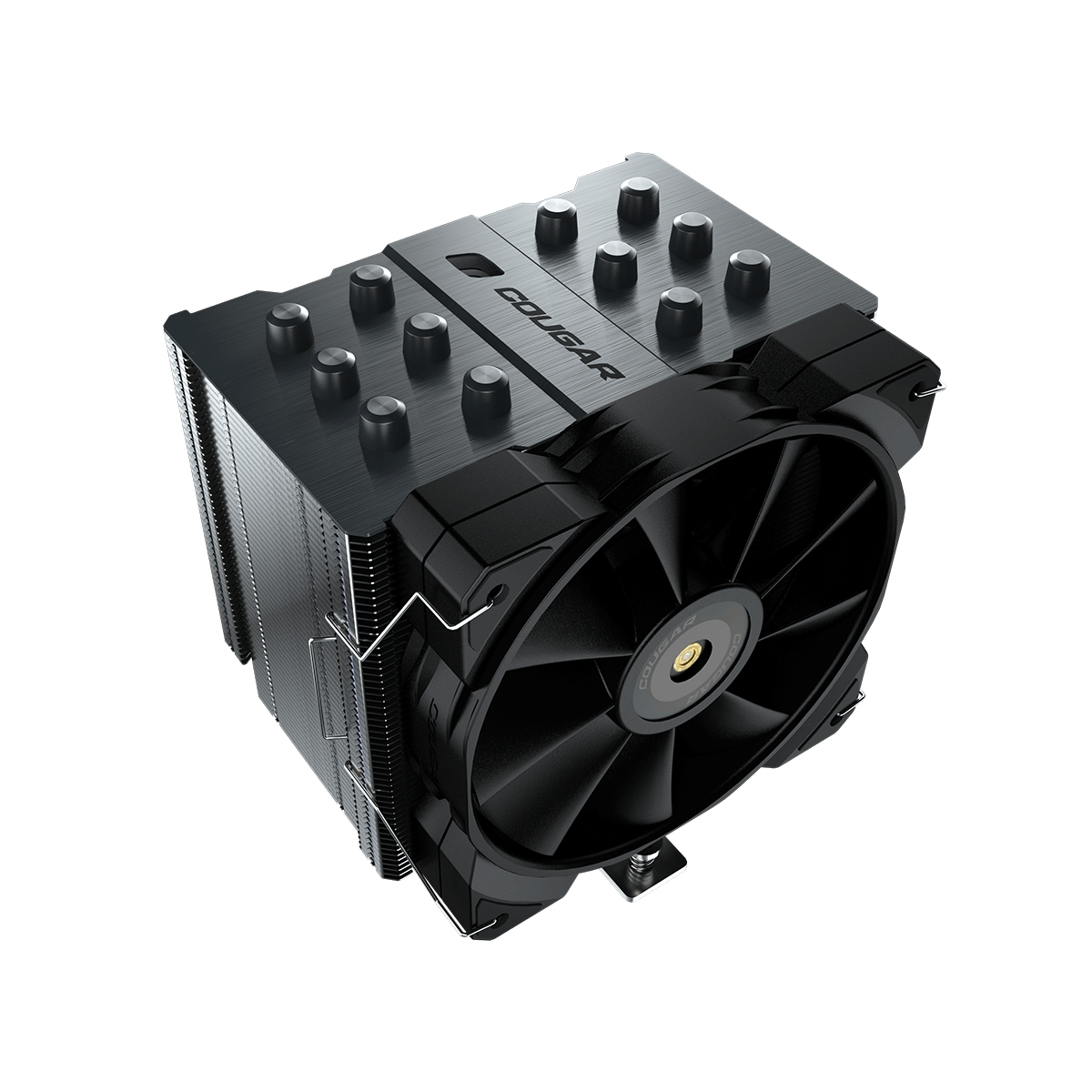 Enfriador CPU negro con ventilador negro, aletas metálicas. Logo Cougar arriba.
