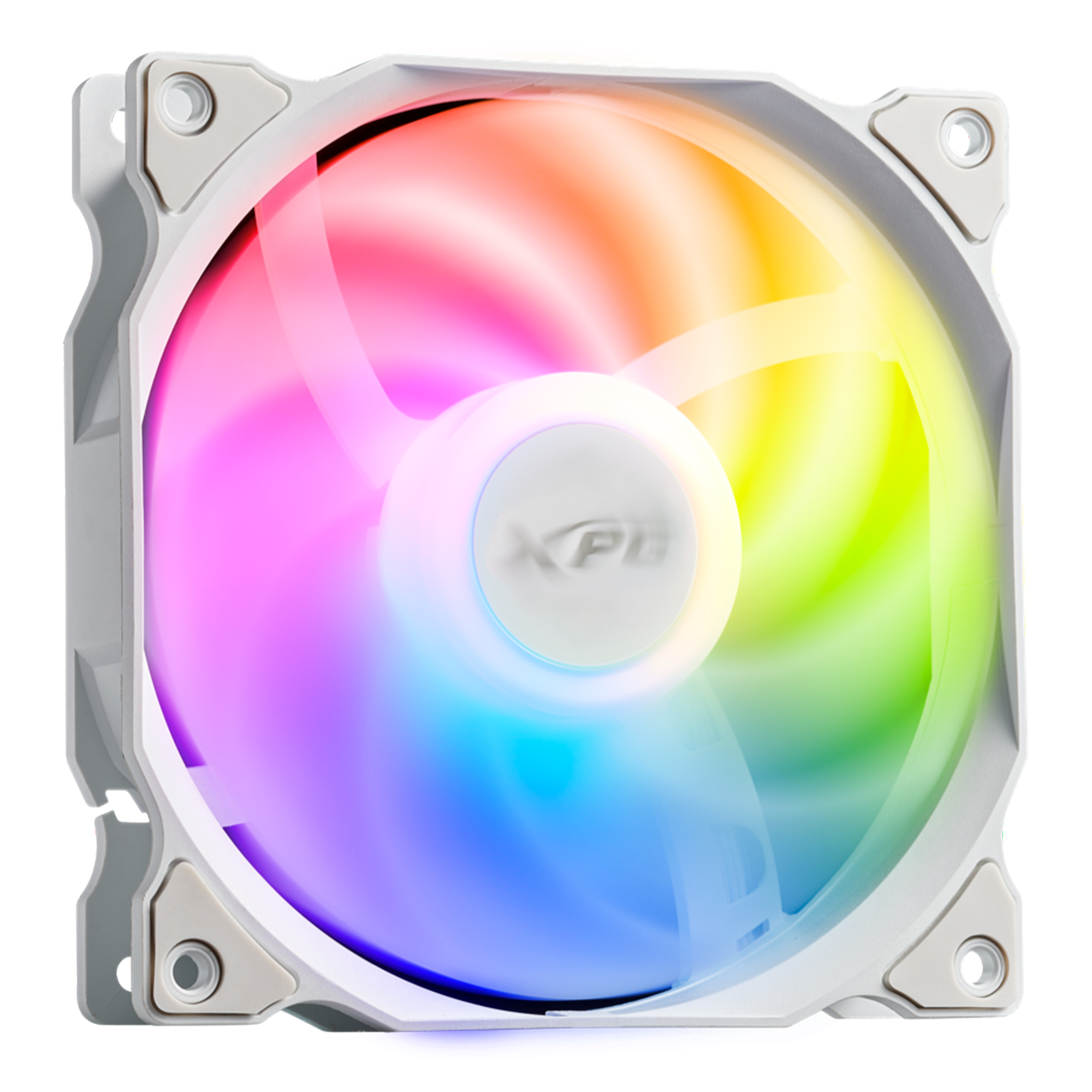 Weißer Computerlüfter mit farbenfrohen RGB-Lichtern auf weißem Hintergrund.