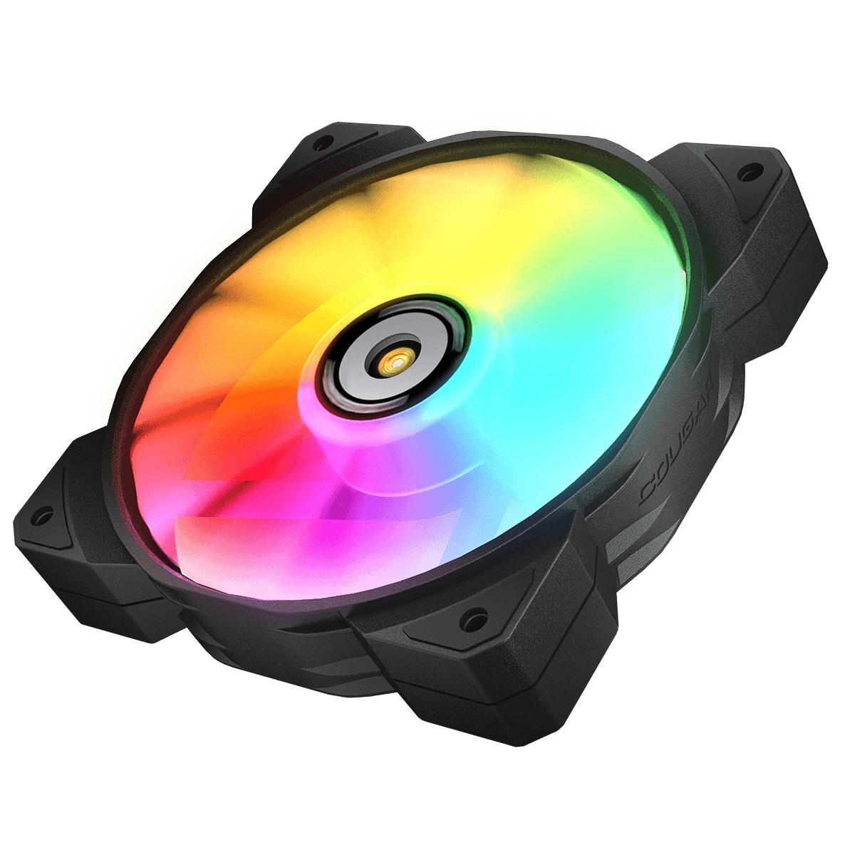 Ventilateur d'ordinateur noir avec éclairage RVB, un moyeu central et le logo Cougar sur fond blanc.