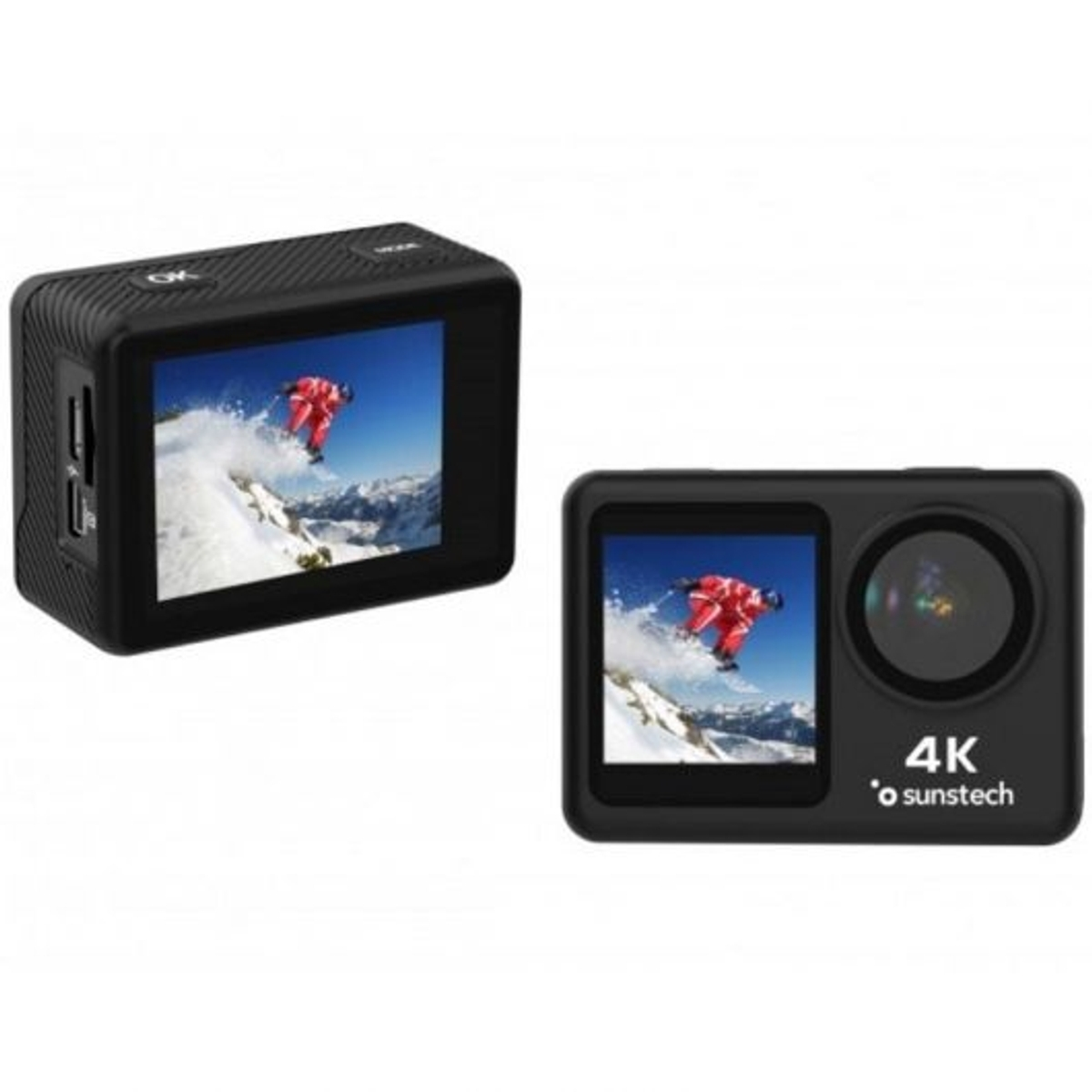 Dwie czarne kamery sportowe z ekranami 4k. Ekrany pokazują narciarza na zaśnieżonym stoku.