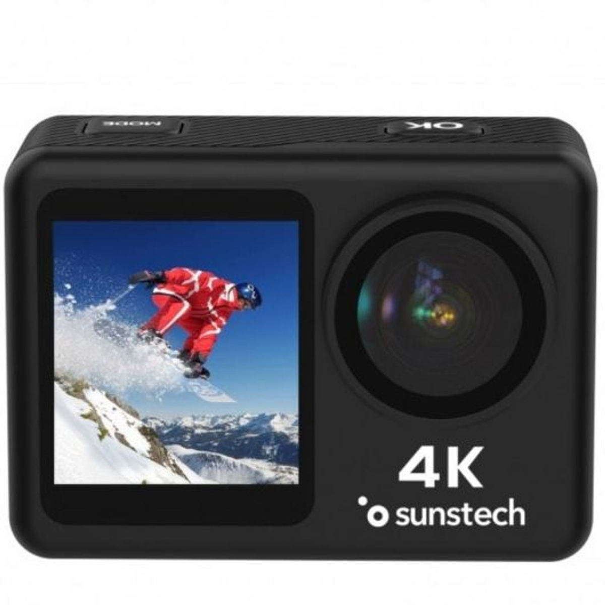 Czarna kamera sportowa z ekranem 4k wyświetlającym narciarza. Kamera ma logo 4k sunstech.
