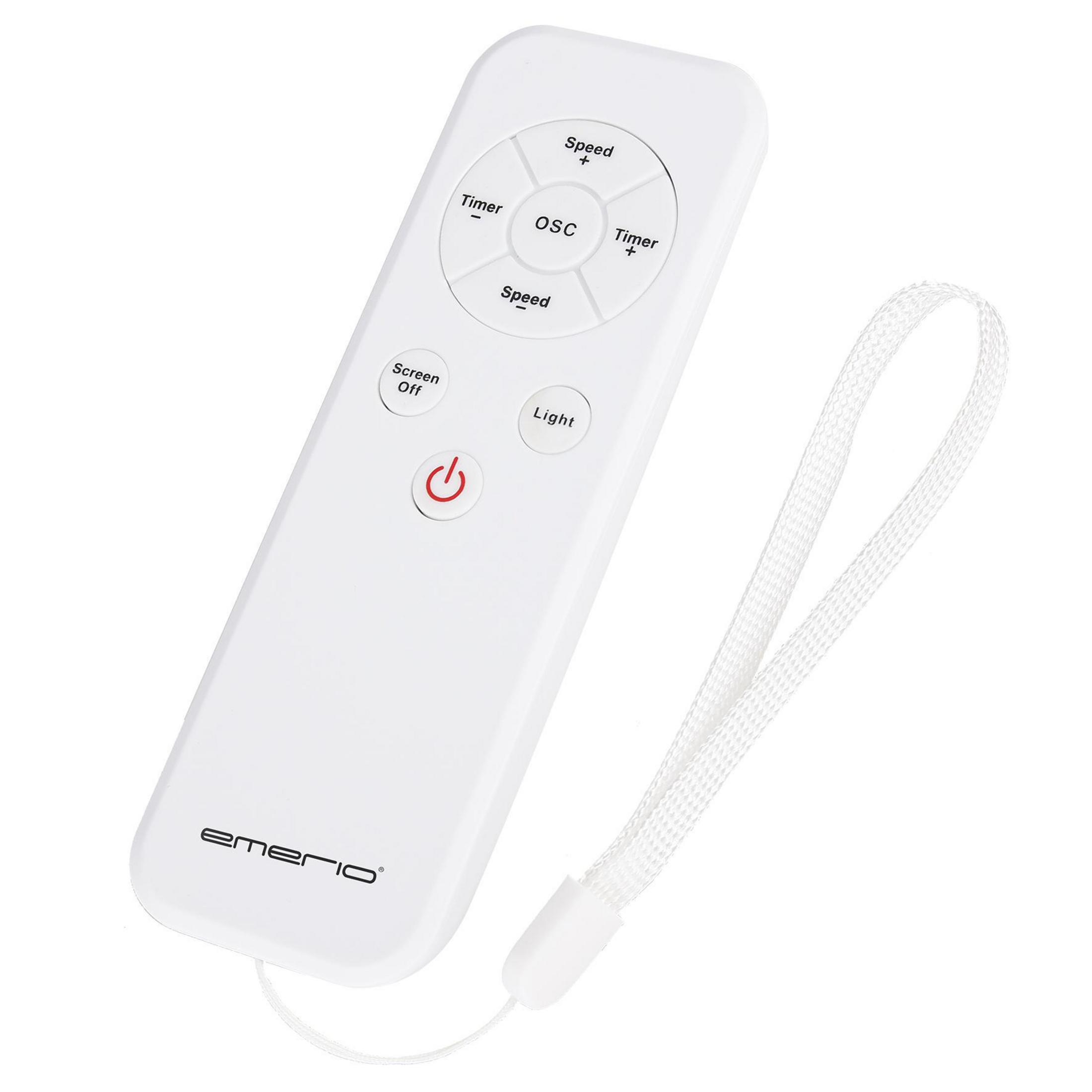 Mando a distancia blanco con botones para temporizador, velocidad y control de luz, además de una correa.