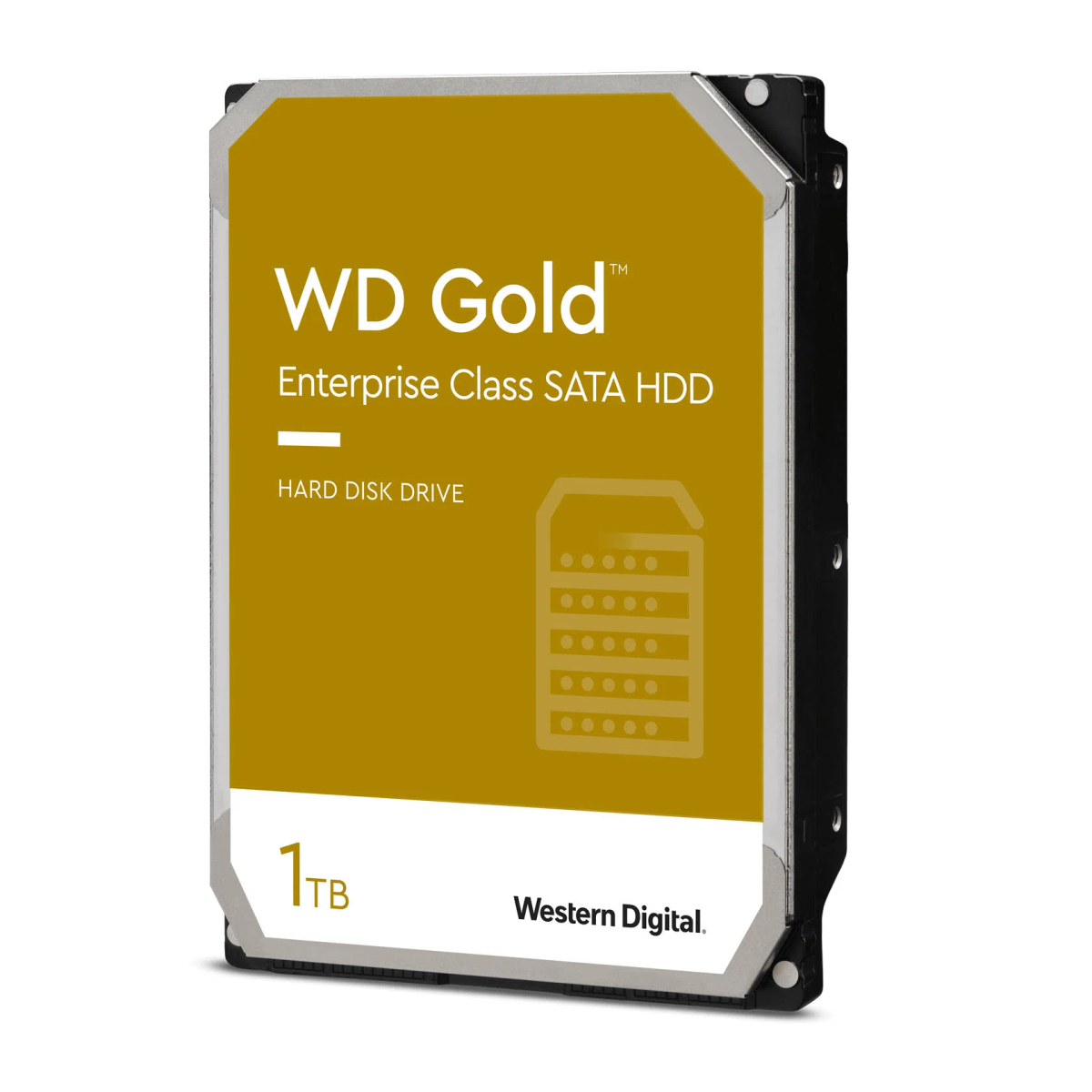 Disco rigido WD Gold da 1TB, etichetta oro, lati neri, isolato su sfondo bianco.