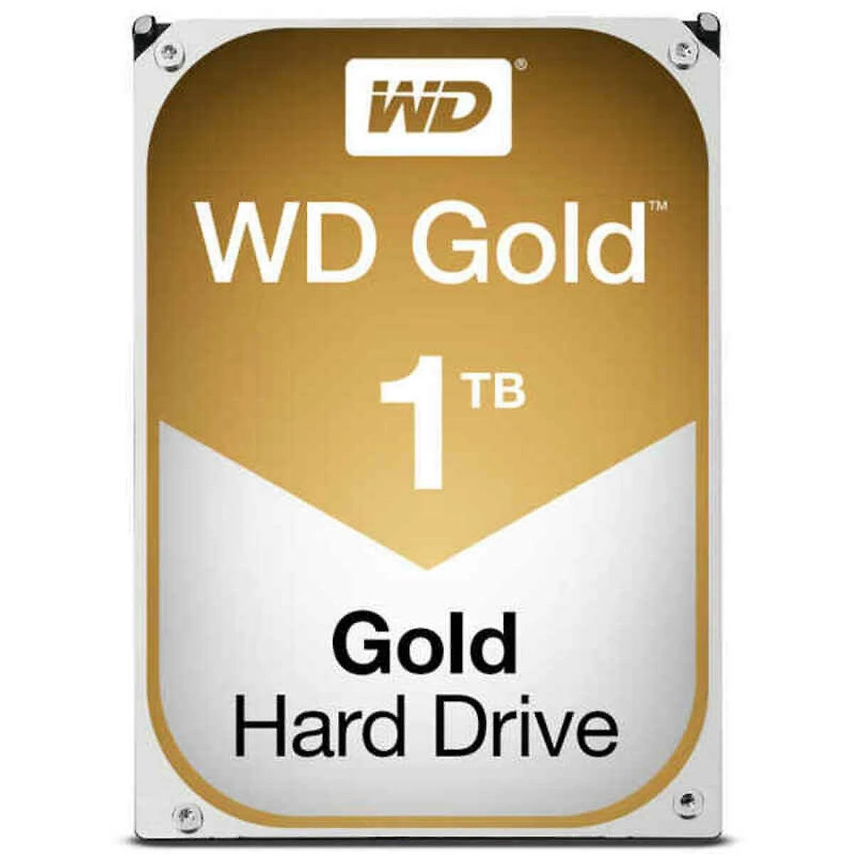 Disco rigido WD Gold da 1TB, etichetta oro, sfondo bianco, isolato.