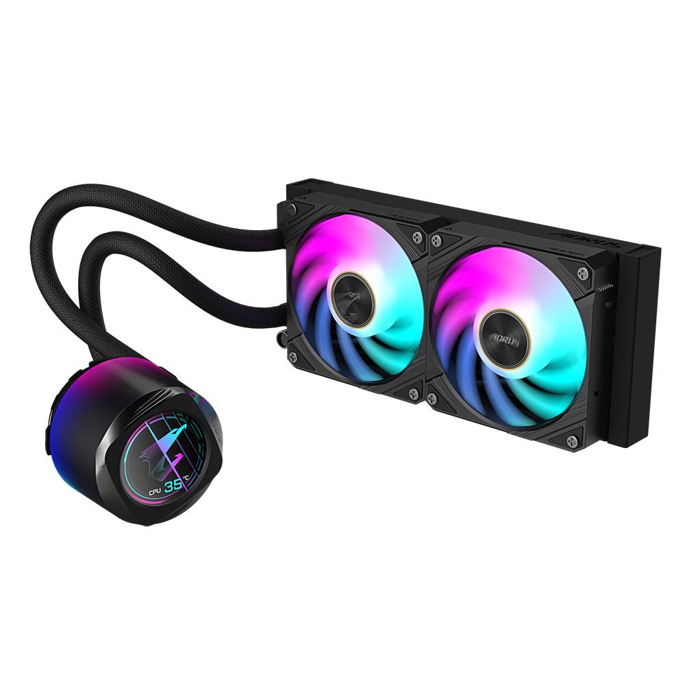 Liquid cooler with two fans with RGB lighting, a pump unit with a display showing the CPU temperature, and black tubes.