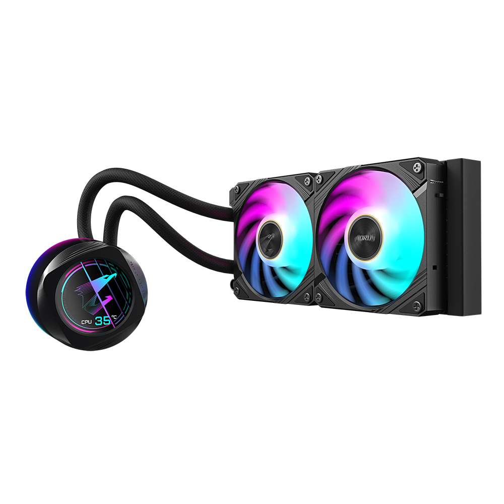 Liquid cooler with two fans with RGB lighting, a pump unit with a display showing the CPU temperature, and black tubes.