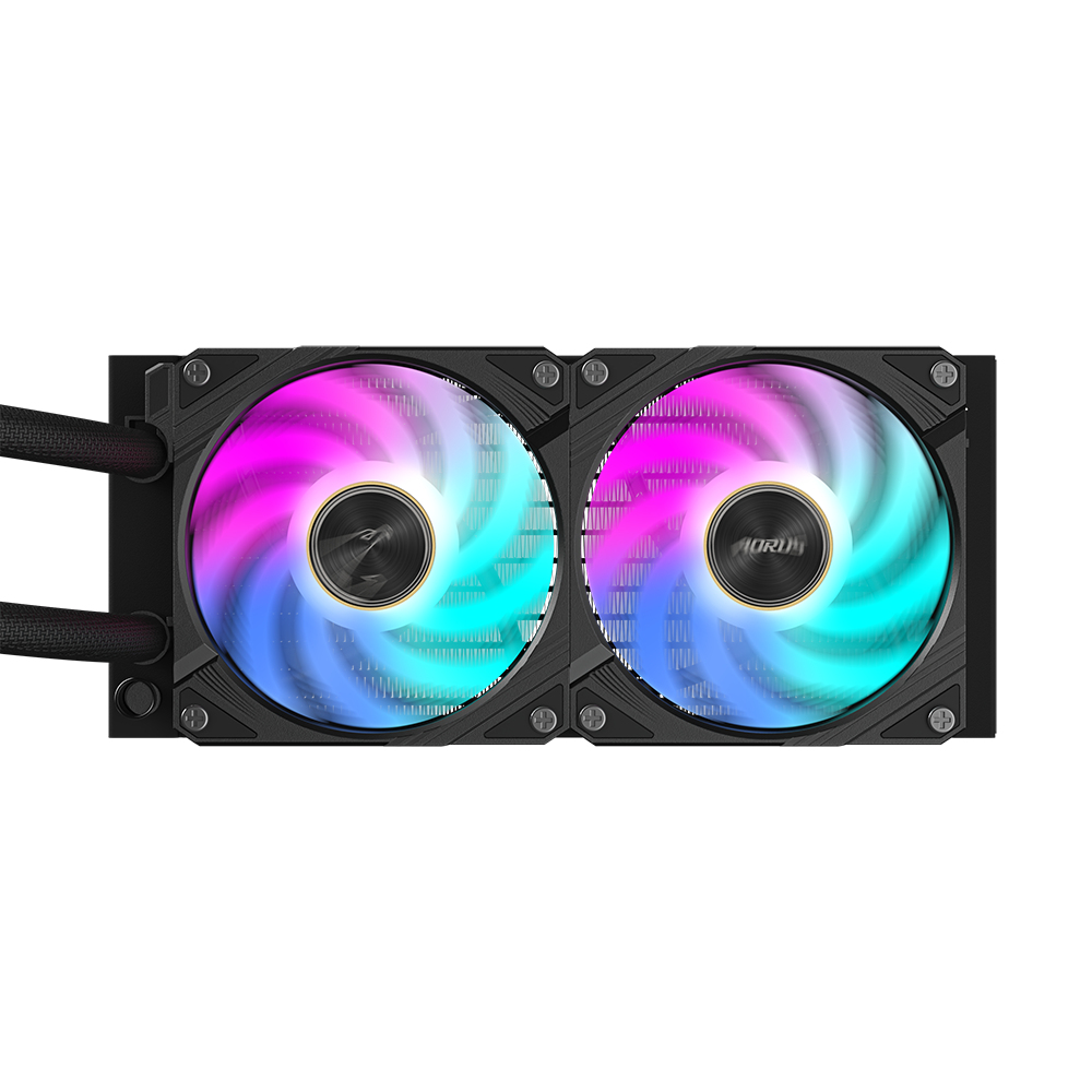 Top-down view of an AORUS CPU cooler with two fans.
