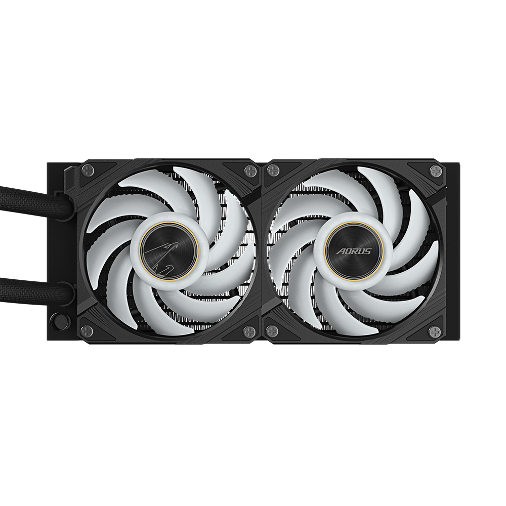 Top-down view of a black AORUS cooler with two white fans.