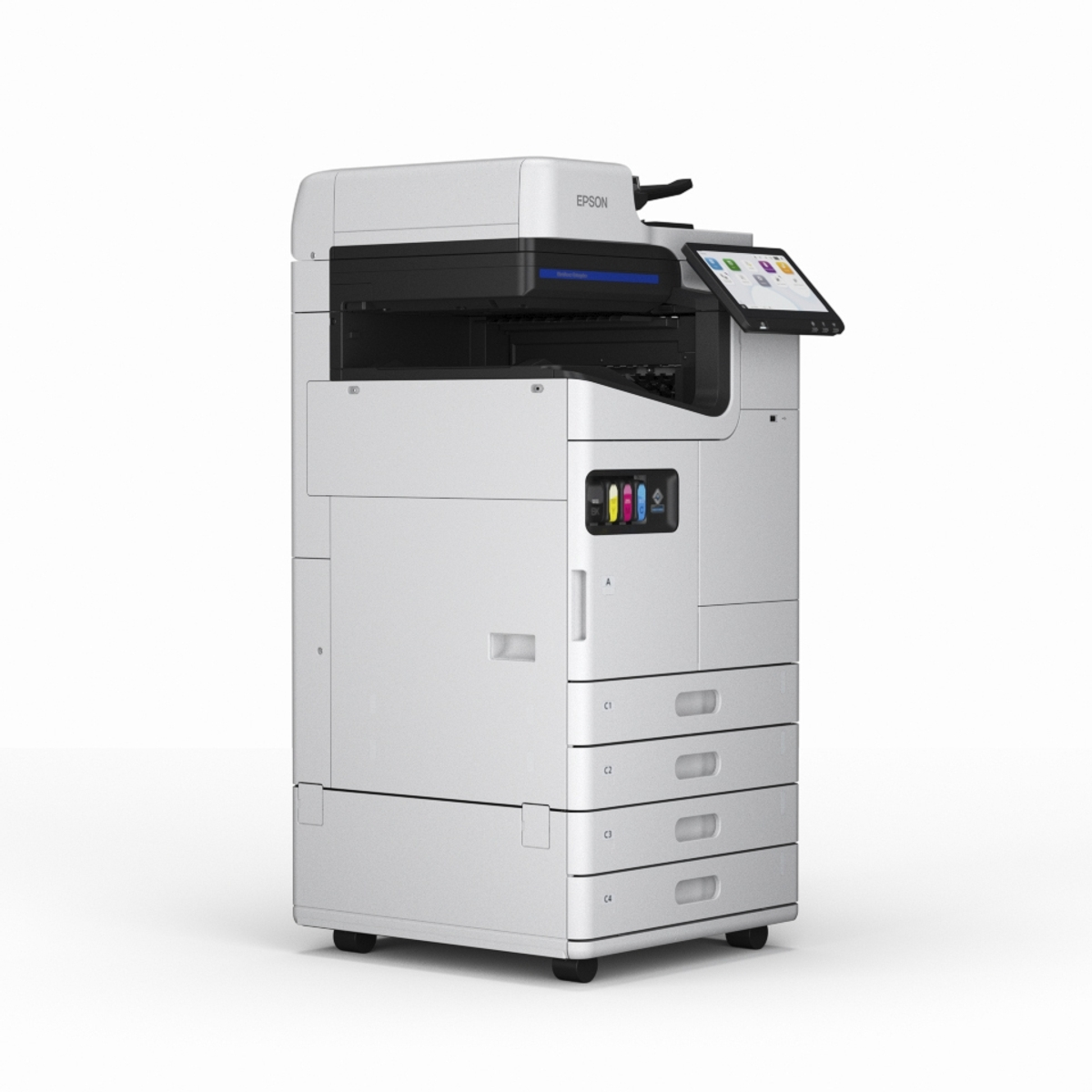 Imprimante multifonction Epson, blanche, avec écran tactile.