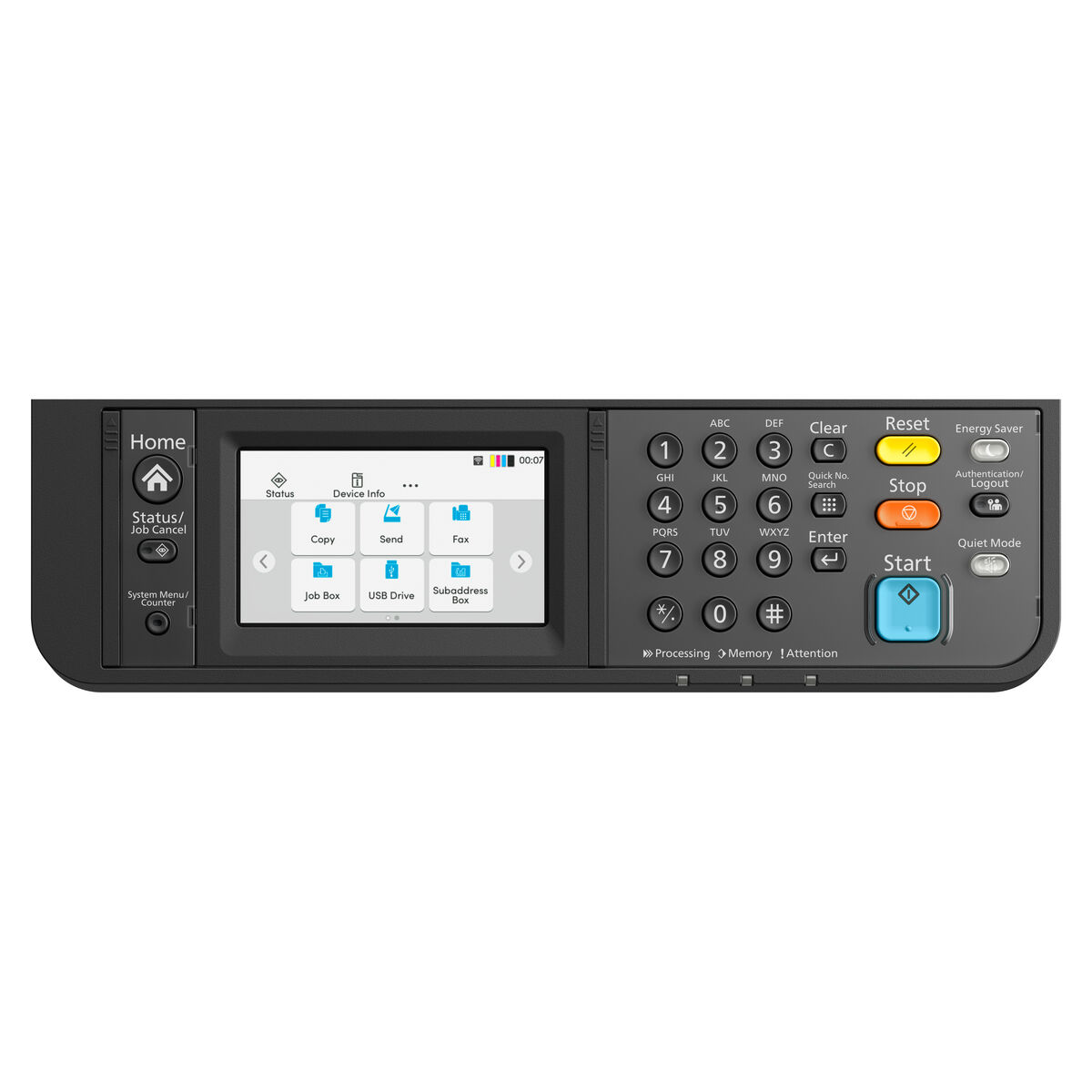 Gros plan du panneau de commande d'une imprimante Epson avec écran tactile et boutons.