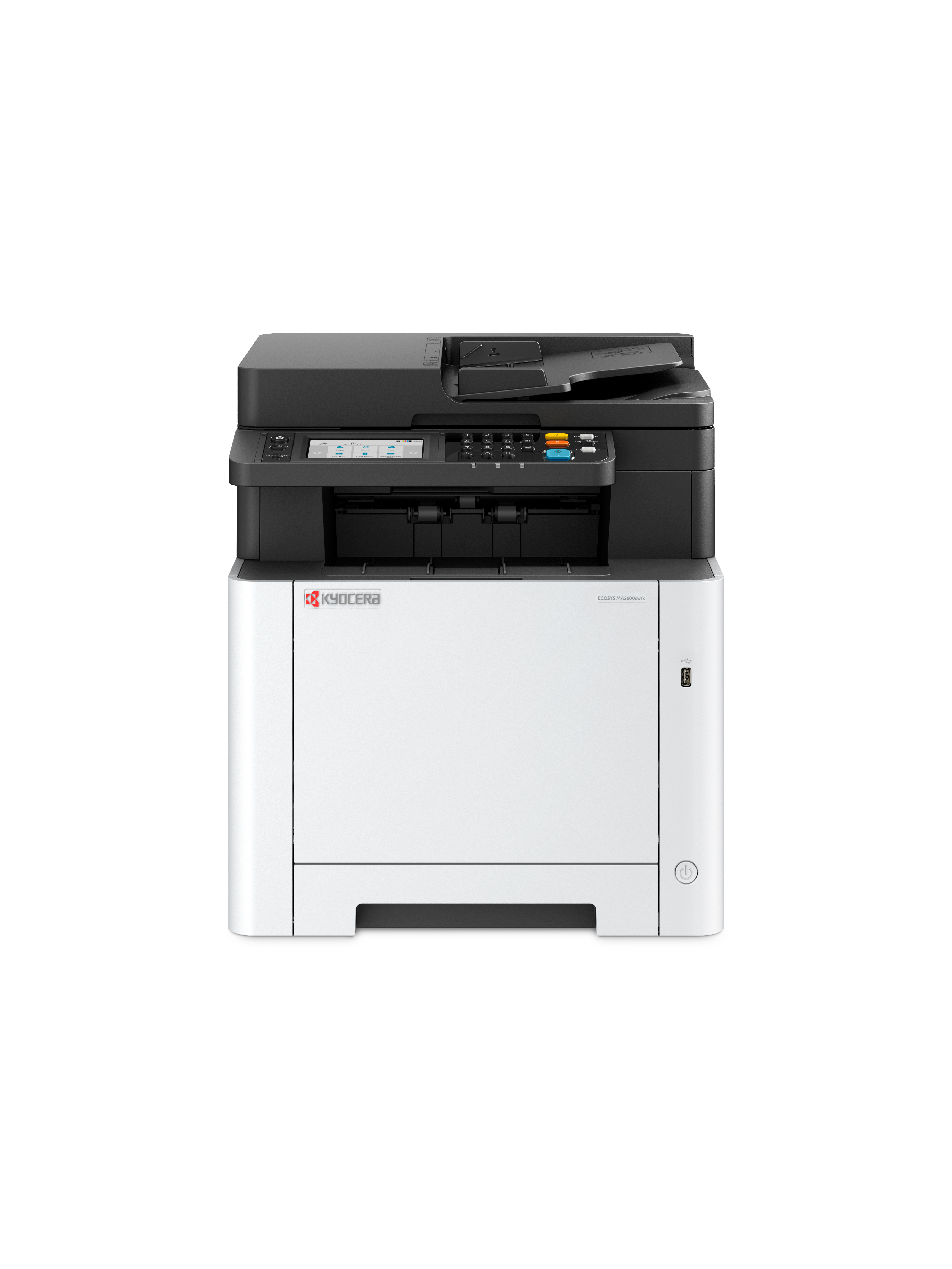 Une imprimante blanche et noire sur une surface blanche. L'imprimante est un modèle Kyocera. Le fond est blanc.