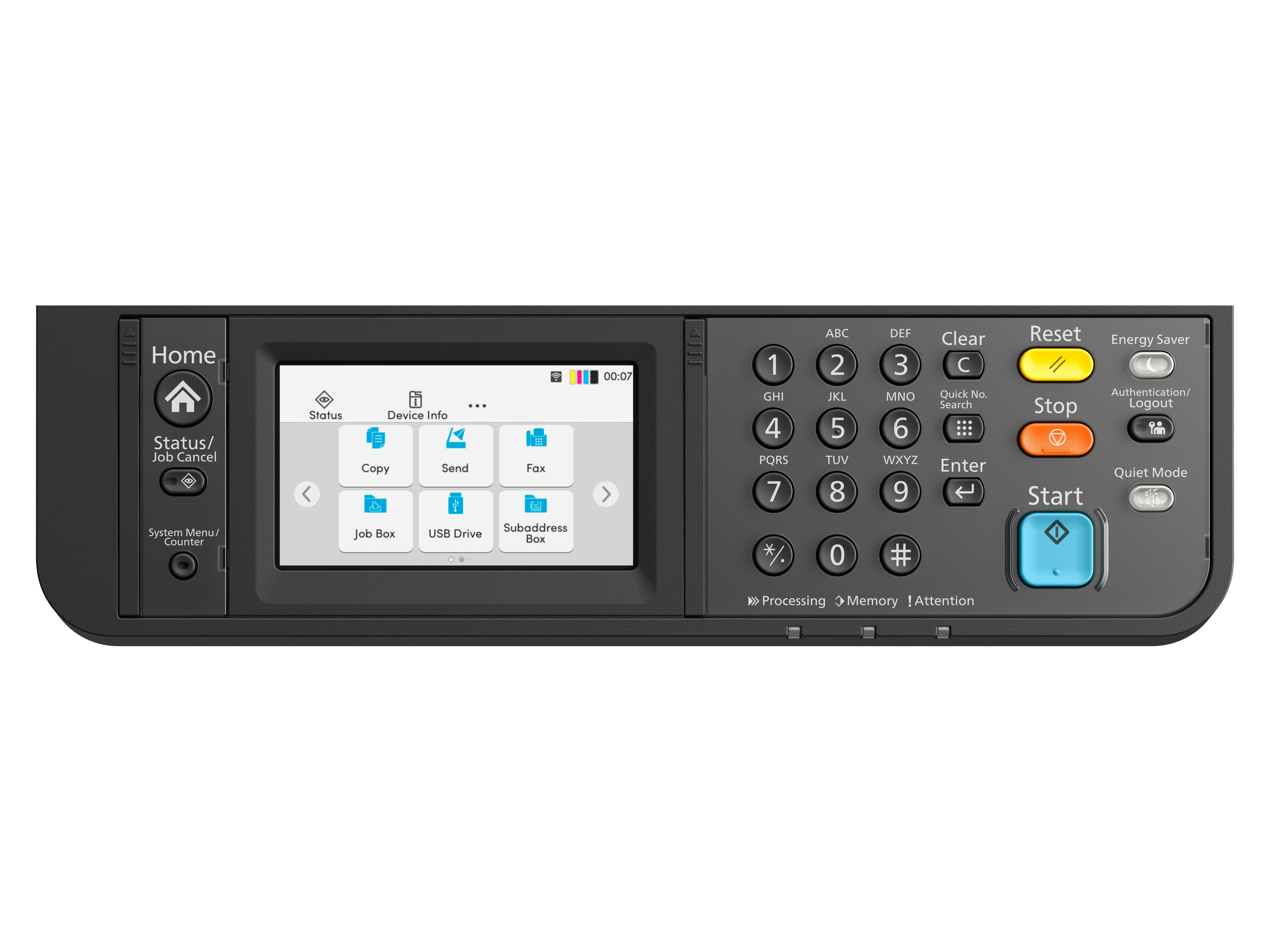 Czarny panel sterowania drukarki z ekranem, przyciskami i klawiaturą numeryczną. Ekran wyświetla opcje.