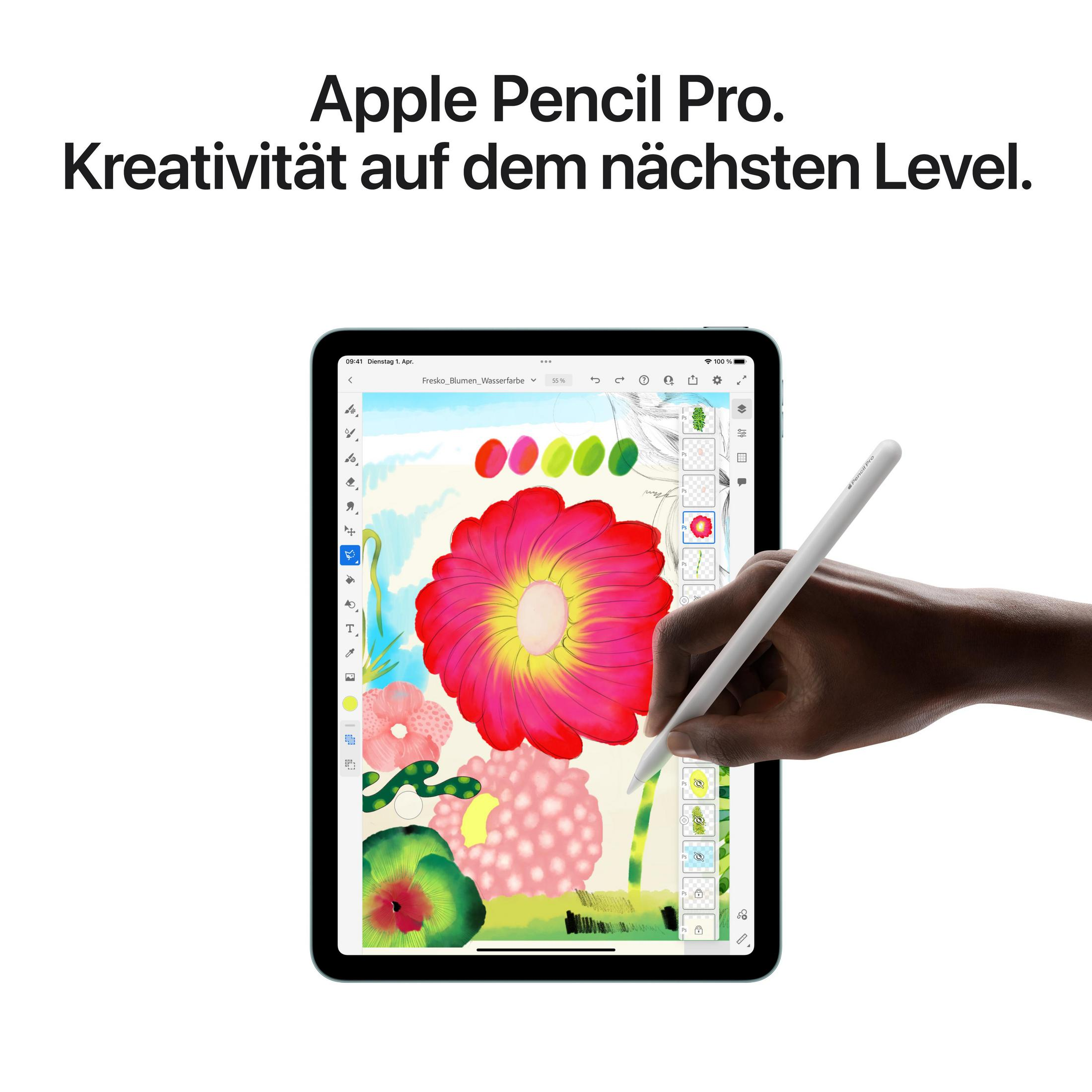 Ręka trzymająca biały Apple Pencil Pro nad ekranem iPada z kolorowym rysunkiem.