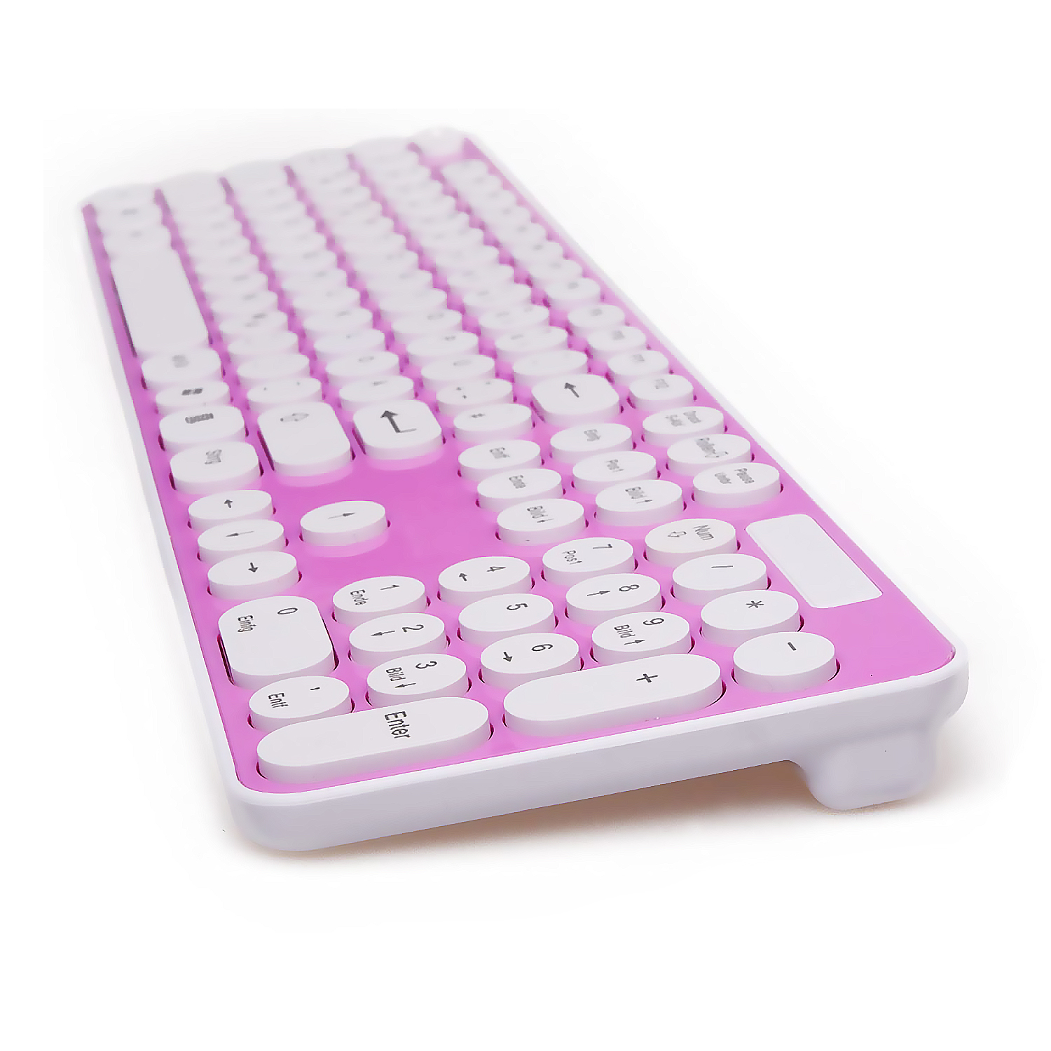 Teclado rosa y blanco sobre blanco. Teclas redondas. Teclas blancas con borde rosa. Fondo blanco.