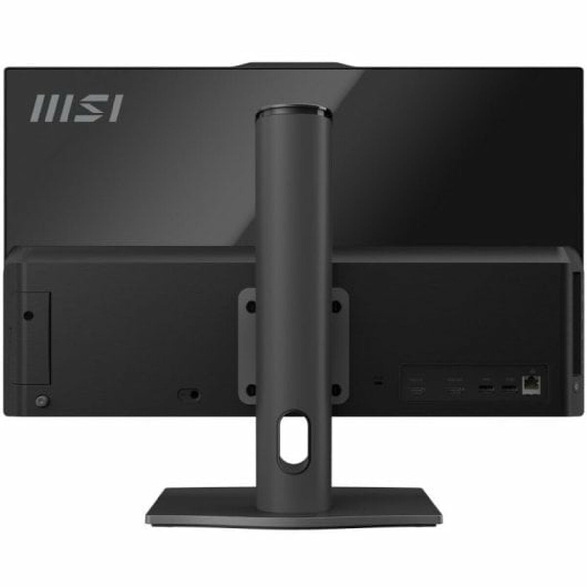 Parte trasera del monitor MSI negro sobre blanco. Soporte cilíndrico. Logotipo MSI. Puertos y ventilaciones. Fondo blanco.
