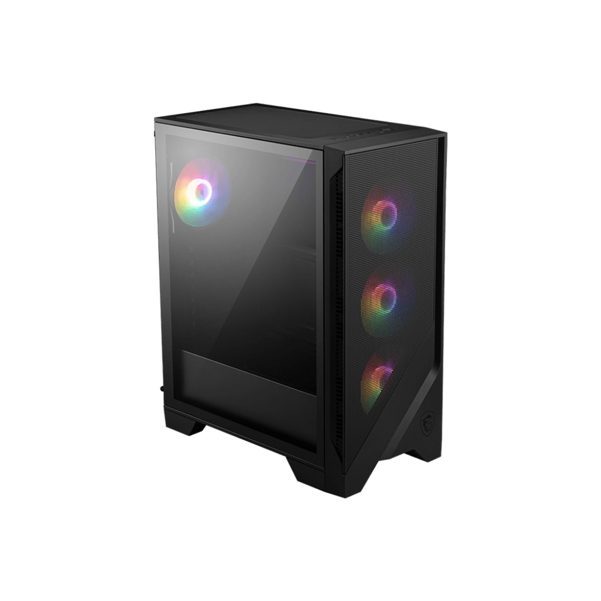 Czarna obudowa komputera na białym tle. Szklany panel boczny. Przód ma wentylatory RGB. Białe tło.