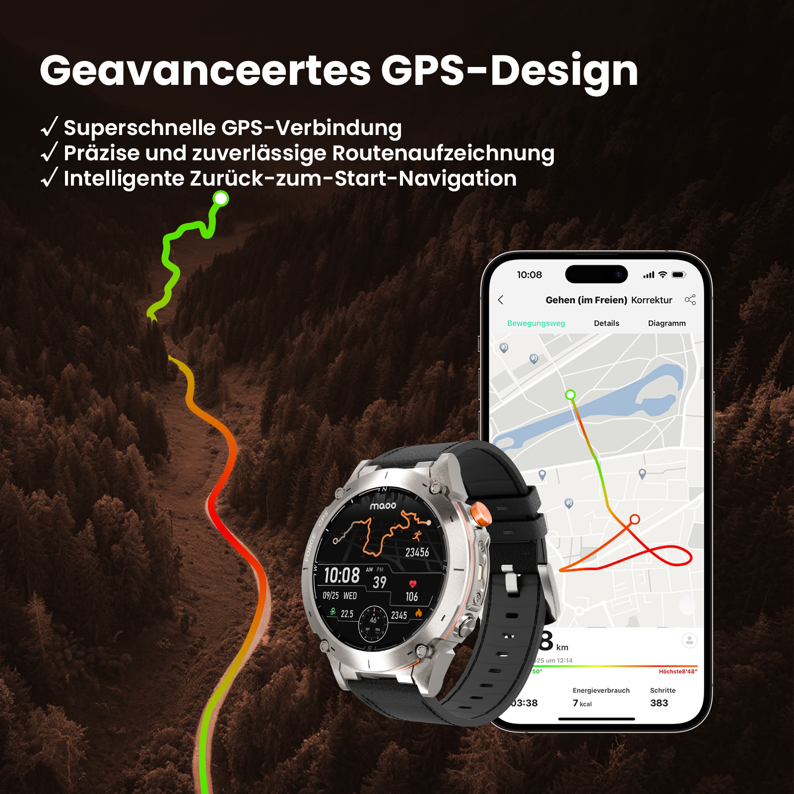 Smartwatch und Telefon zeigen Routenverfolgung auf einem Waldweg. Grüne, orange und rote Routenlinien. Oranges Armband.