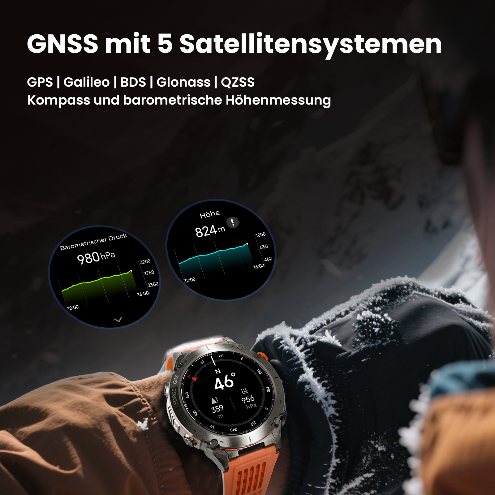 Smartwatch am Handgelenk, zeigt Höhen- und Druckdiagramme. Schneebedeckte Berglandschaft mit orangefarbenem Armband.