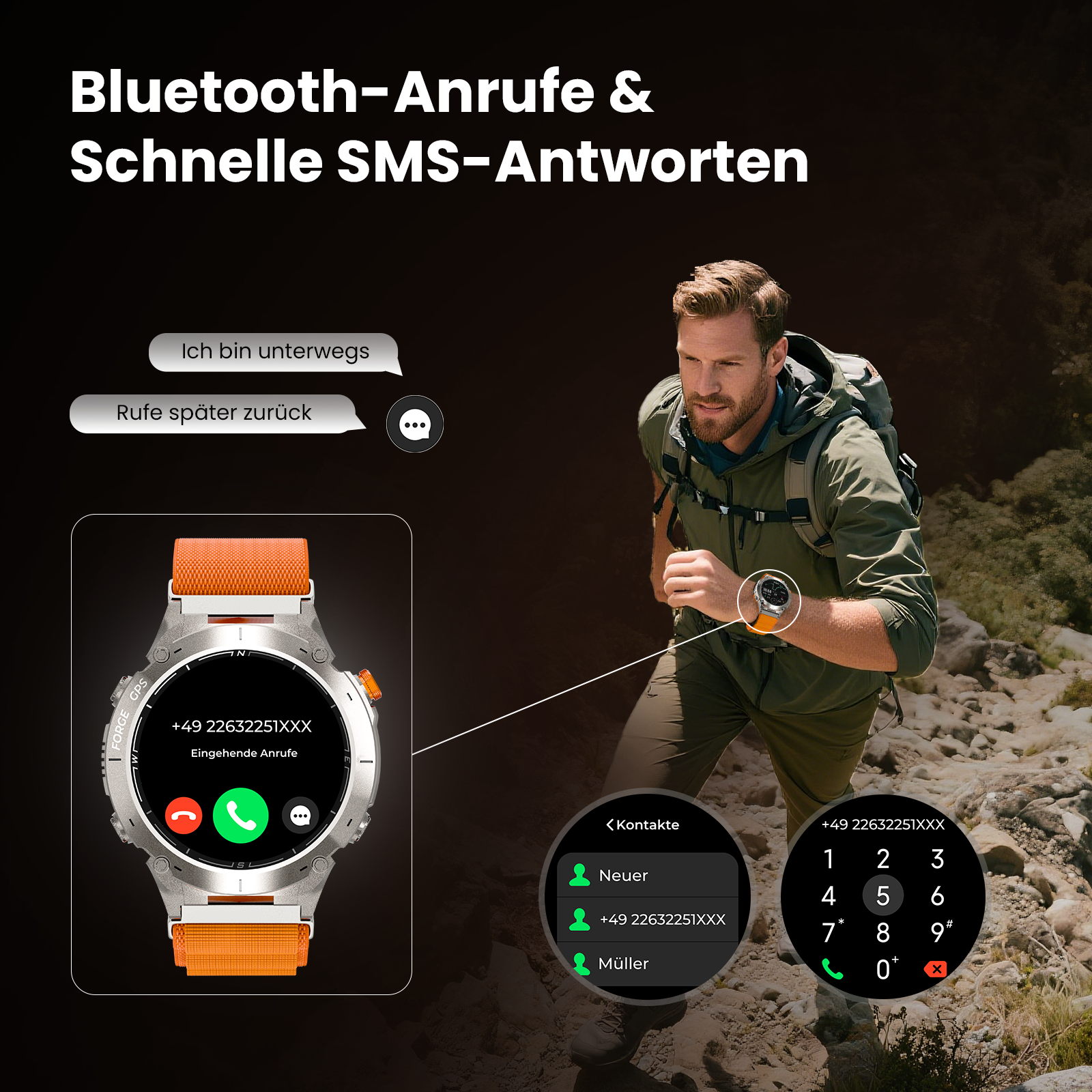 Mann rennt mit Smartwatch. Uhr zeigt eingehenden Anruf und SMS-Optionen. Oranges Armband. Kontakte und Wähltastatur.