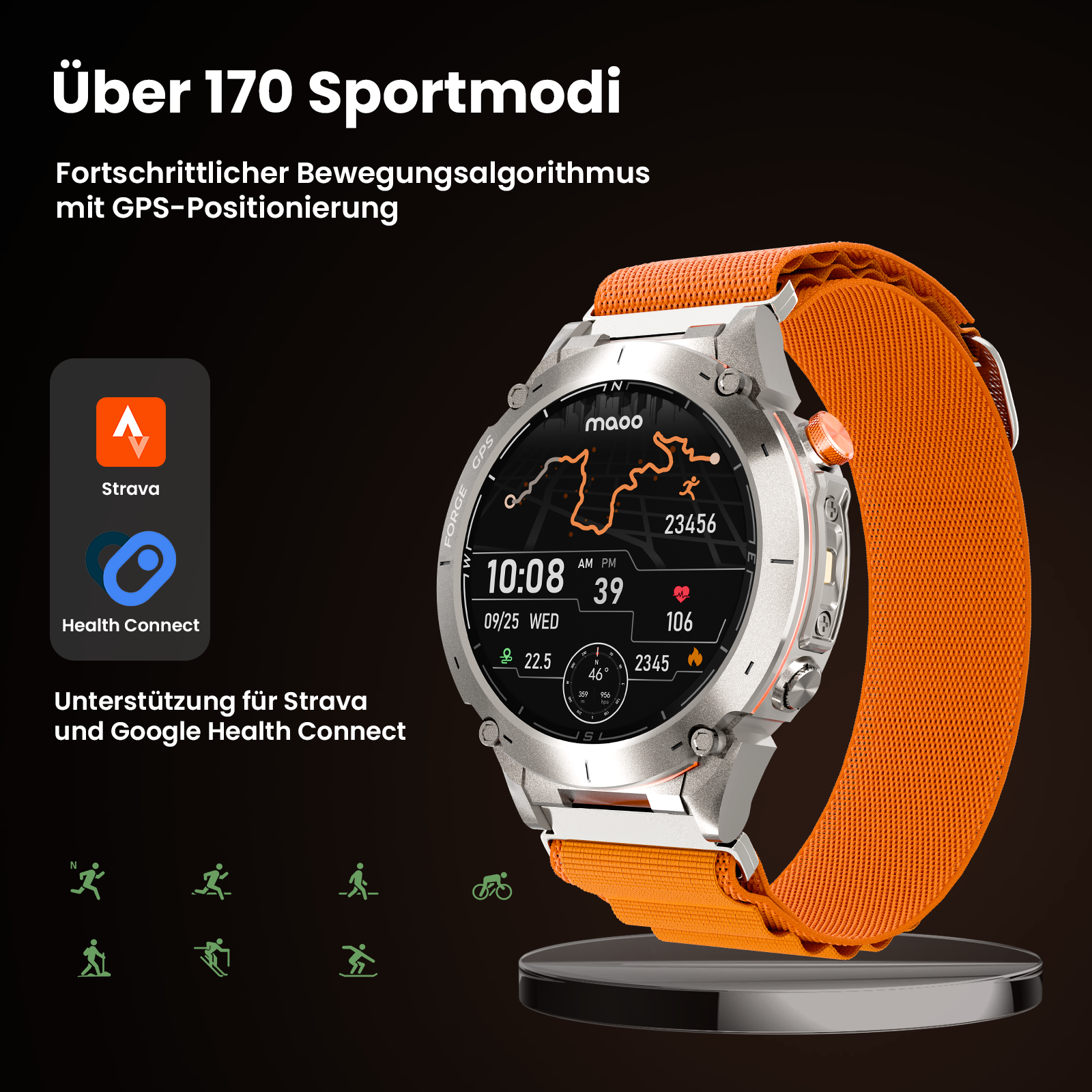 Smartwatch mit orangefarbenem Armband, das Zeit und Herzfrequenzdaten anzeigt.