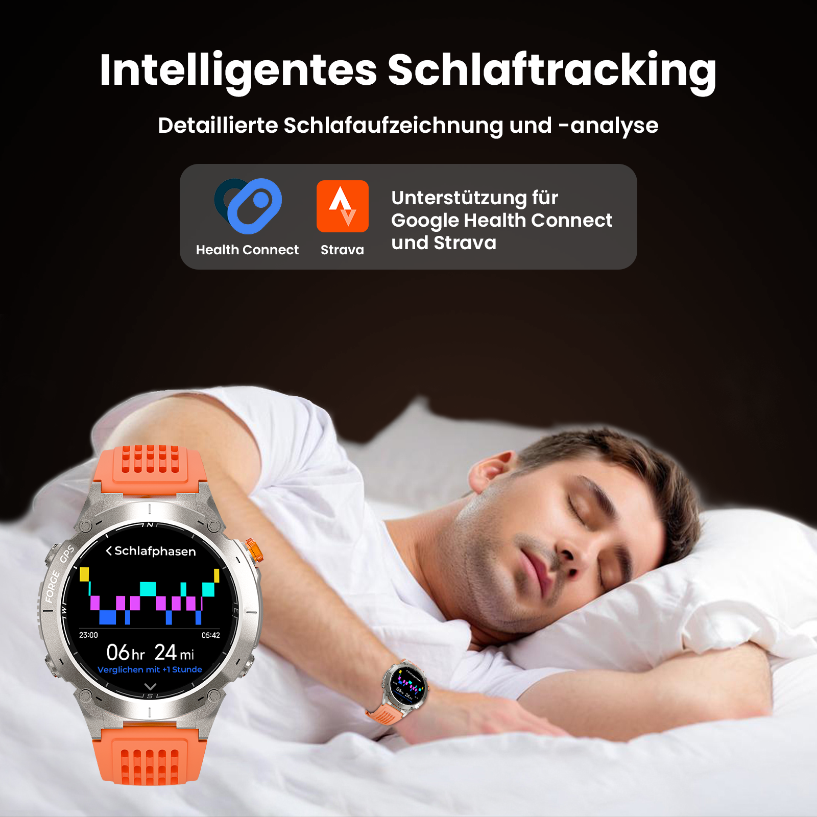 Mann schläft mit Smartwatch, die Schlafphasen anzeigt. Health Connect- und Strava-Logos. Oranges Armband.