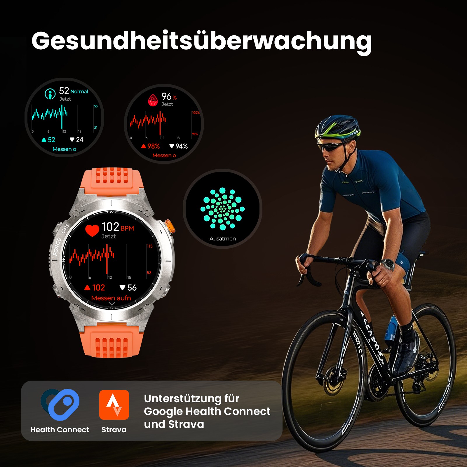 Radfahrer mit Smartwatch, die Gesundheitsdaten anzeigt. Diagramme zeigen Herzfrequenz und Sauerstoffgehalt. Health Connect und Strava Logos.