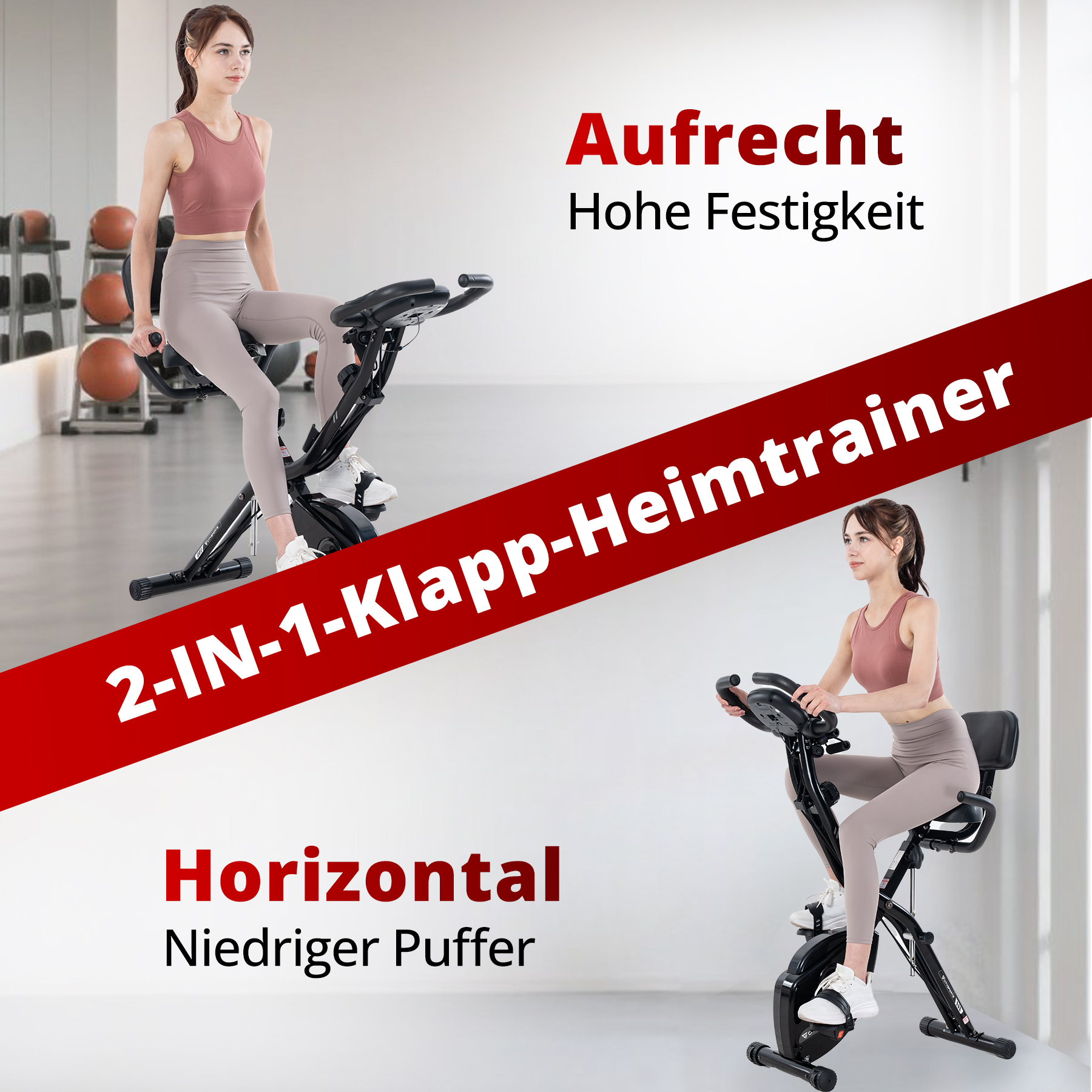 Frau benutzt das stationäre Fahrrad in aufrechter und horizontaler Position.