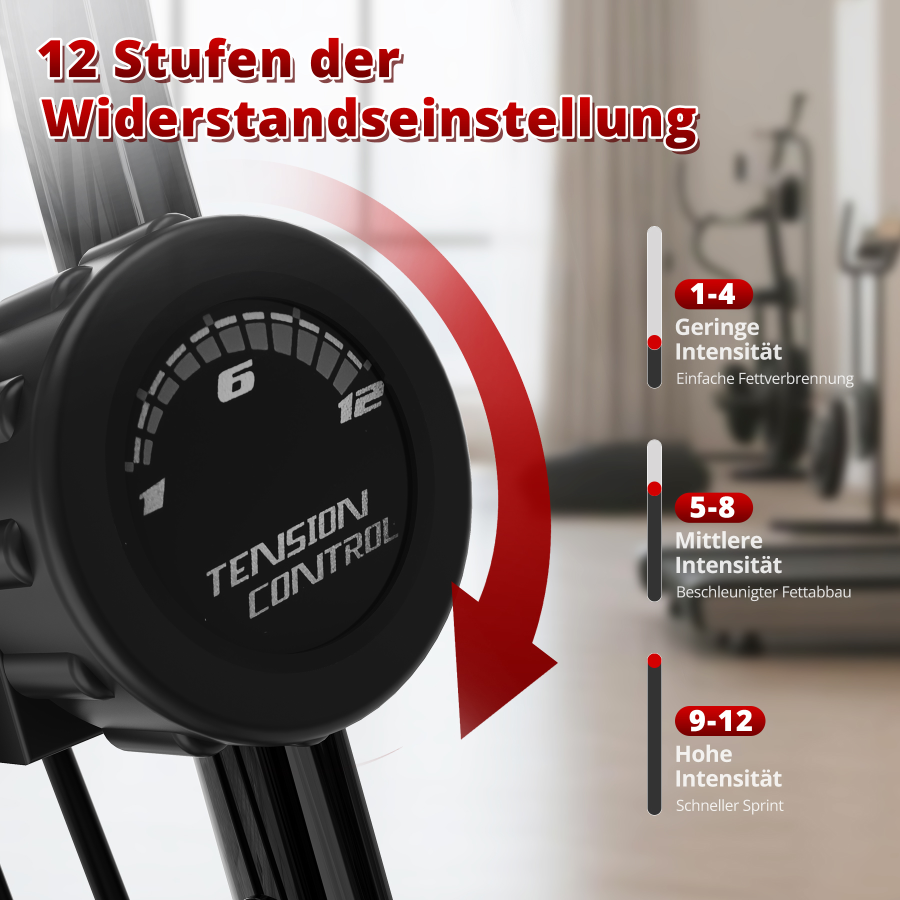 Heimtrainer mit Widerstandskontrolle. 12 Widerstandsstufen mit Intensitätsstufen.