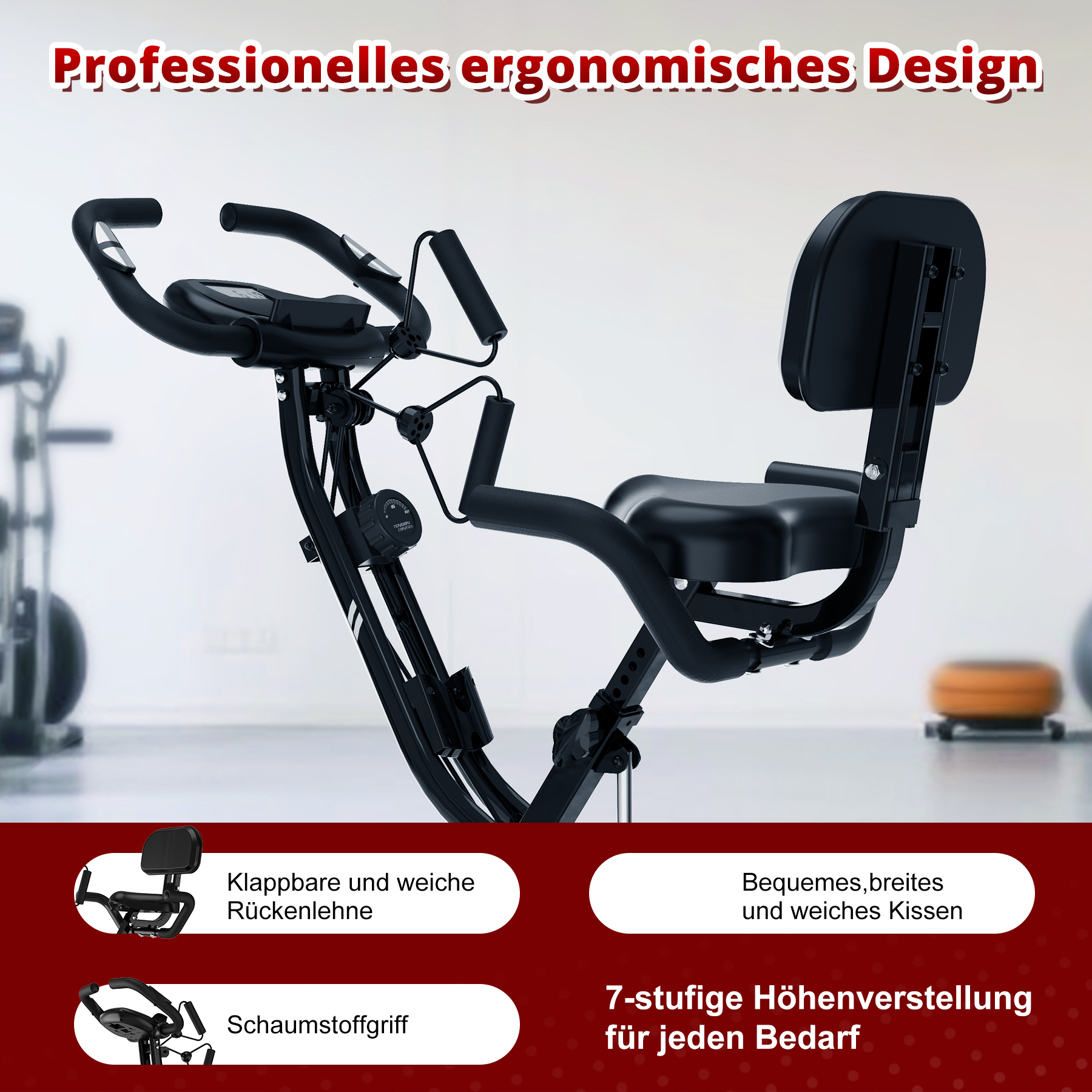 Stationäres Fahrrad mit ergonomischem Design. Verfügt über verstellbare Rückenlehne und weiches Kissen.