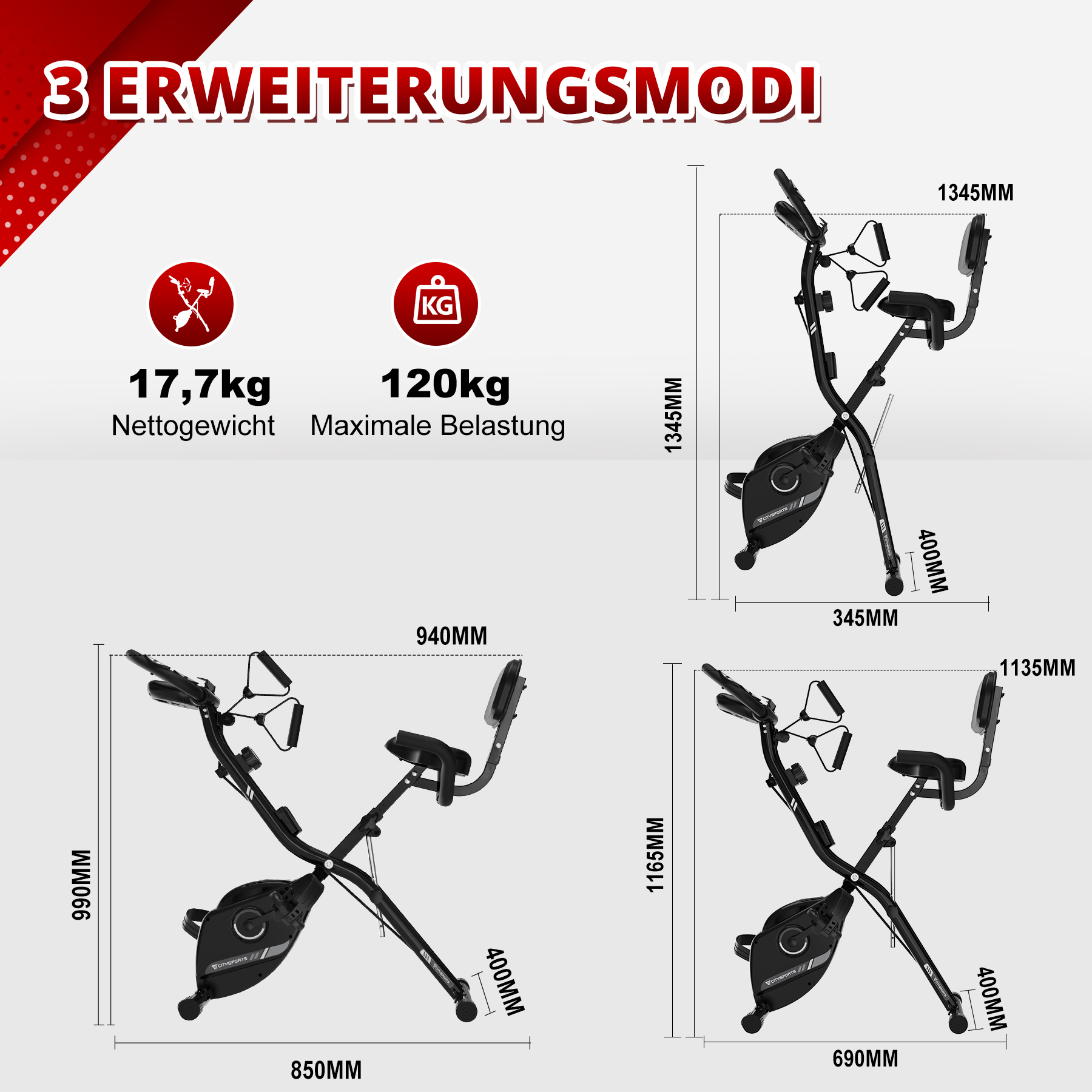 Bilder zeigen Maße und Spezifikationen des stationären Trainingsfahrrads.