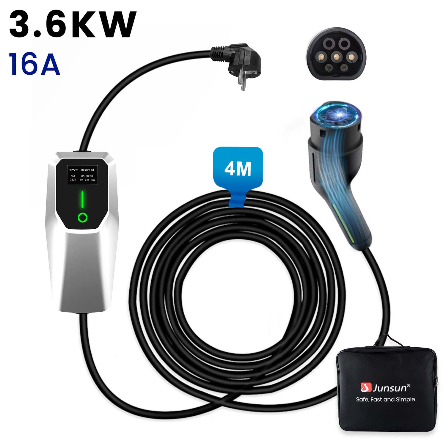 Ladestation für Elektrofahrzeuge mit Display, Kabel und Stecker. Zeigt Ladestatus.