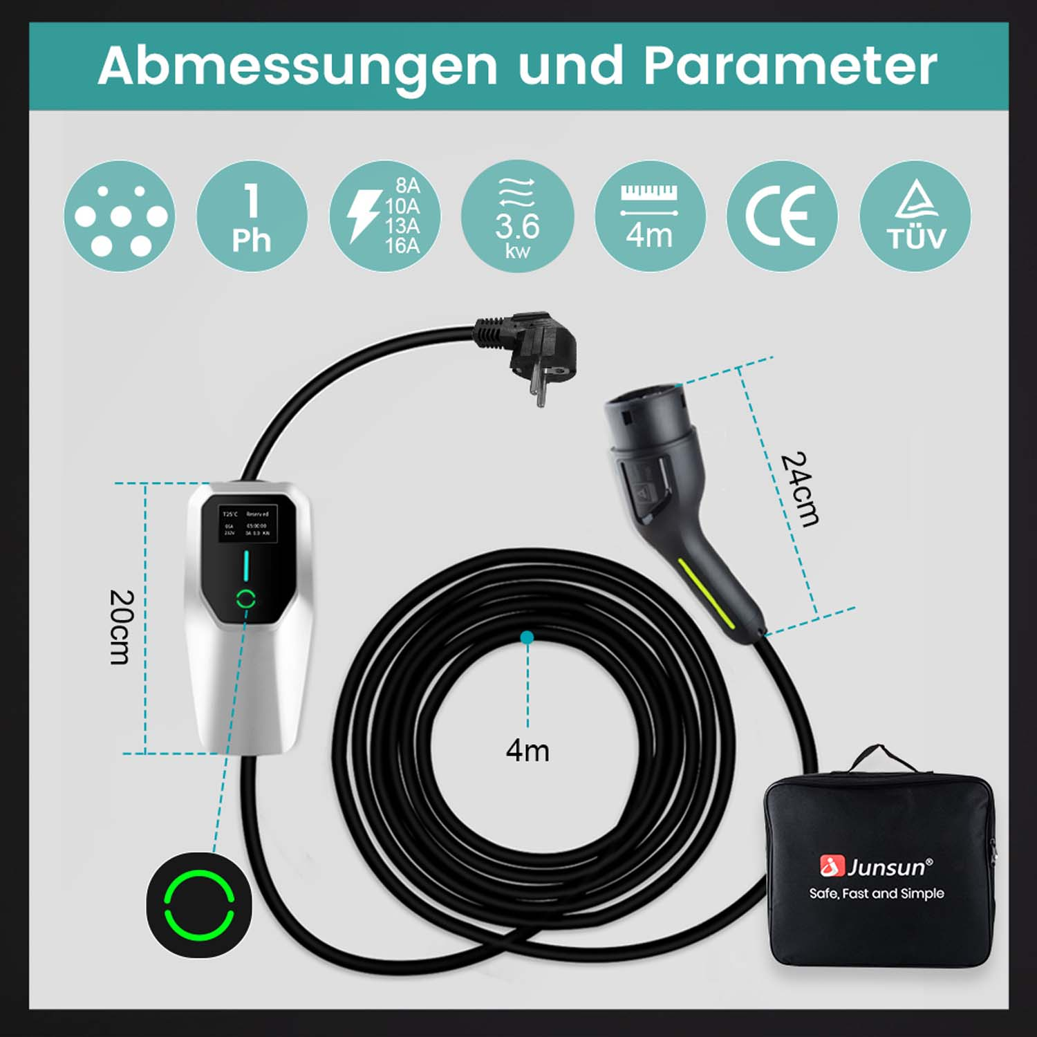 Ein Elektrofahrzeug-Ladegerät mit Abmessungen und Parametern, einschließlich Ladegerät, Kabel und Tragetasche.