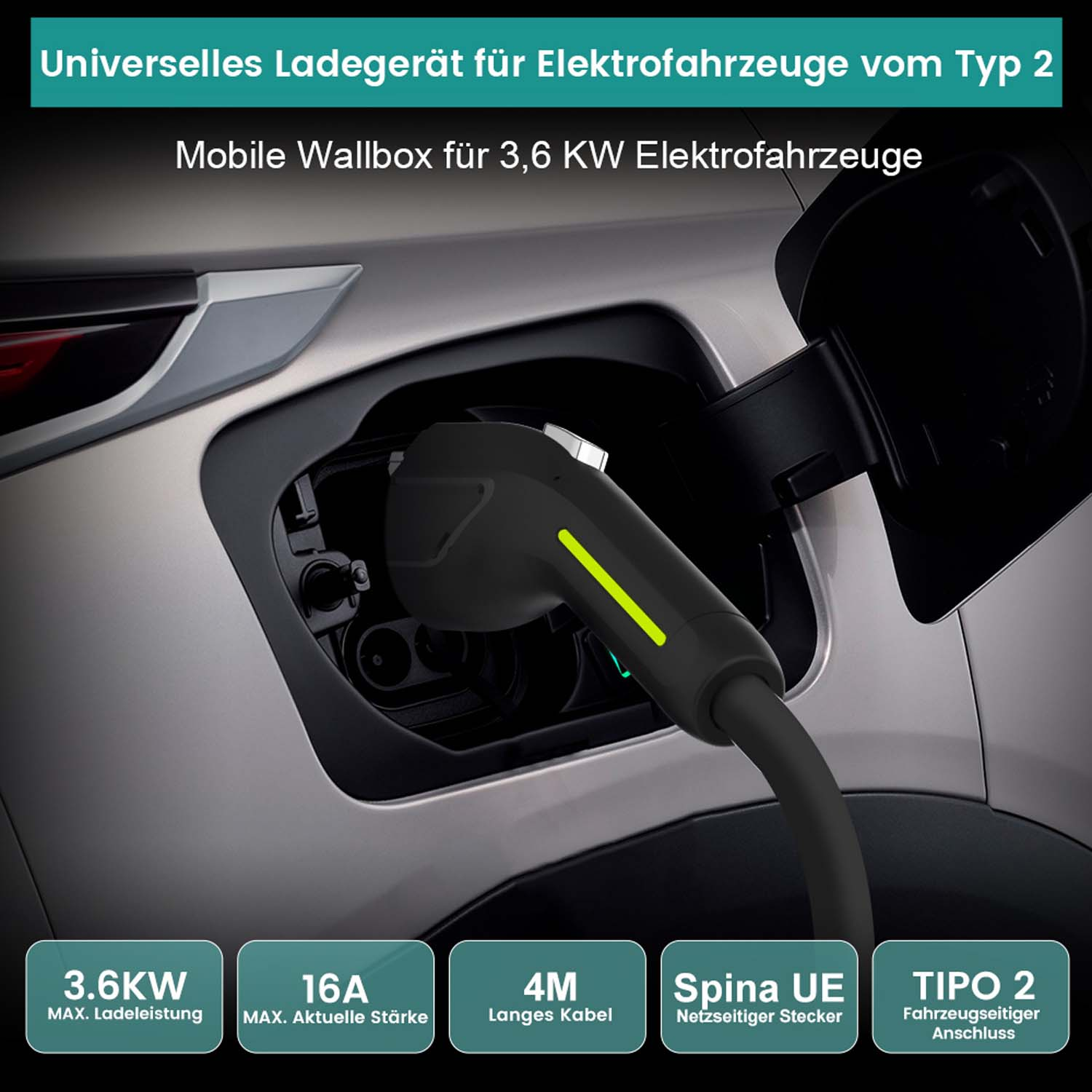 EV-Ladeanschluss an einem Auto. Zeigt den Ladestecker und das Kabel.