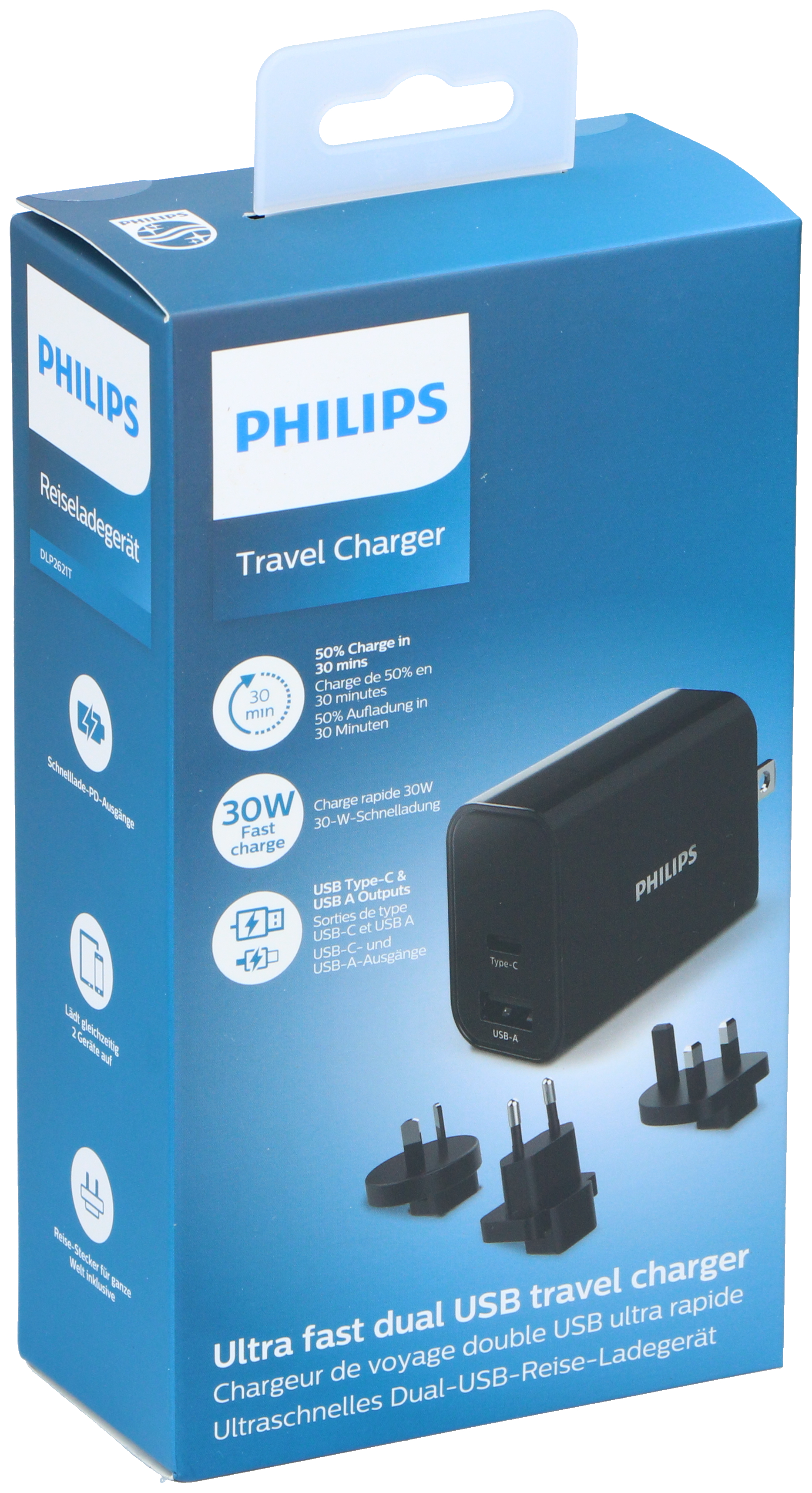 Een Philips reislader in een blauwe doos. De doos toont productkenmerken en accessoires.