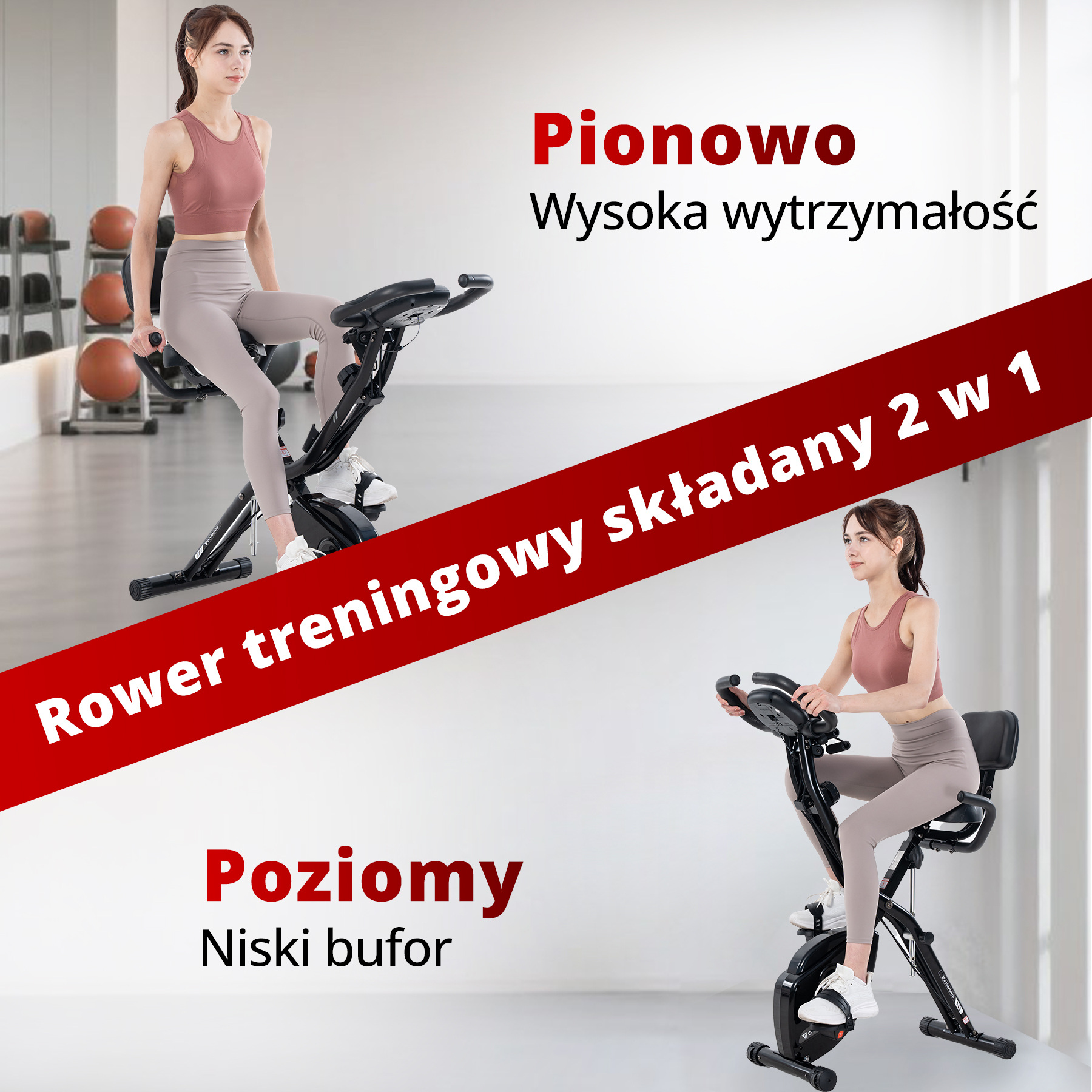 Kobieta na rowerze treningowym w dwóch pozycjach z tekstem po polsku.