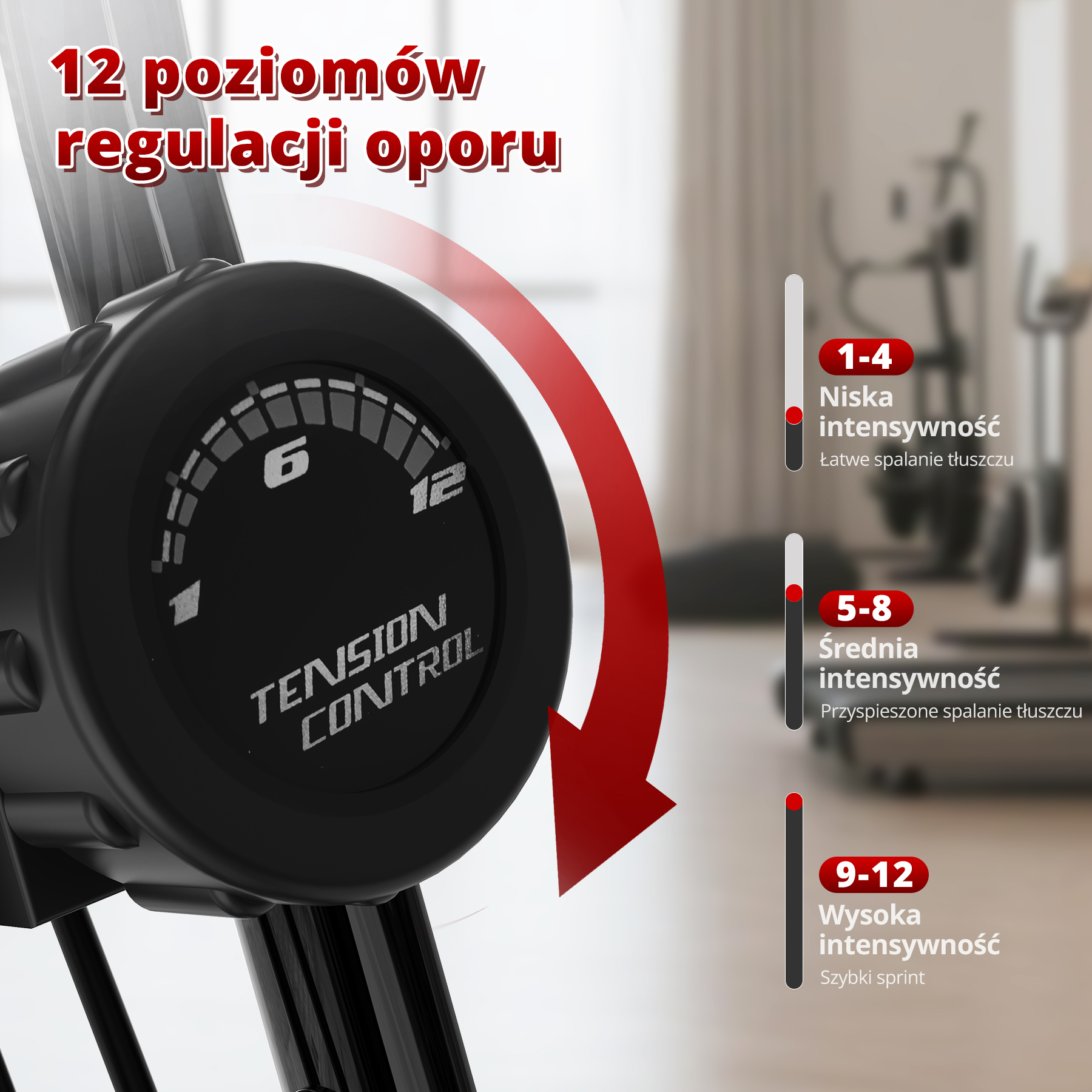 Zbliżenie pokrętła regulacji oporu roweru stacjonarnego. Pokrętło ma cyfry i czerwoną strzałkę.