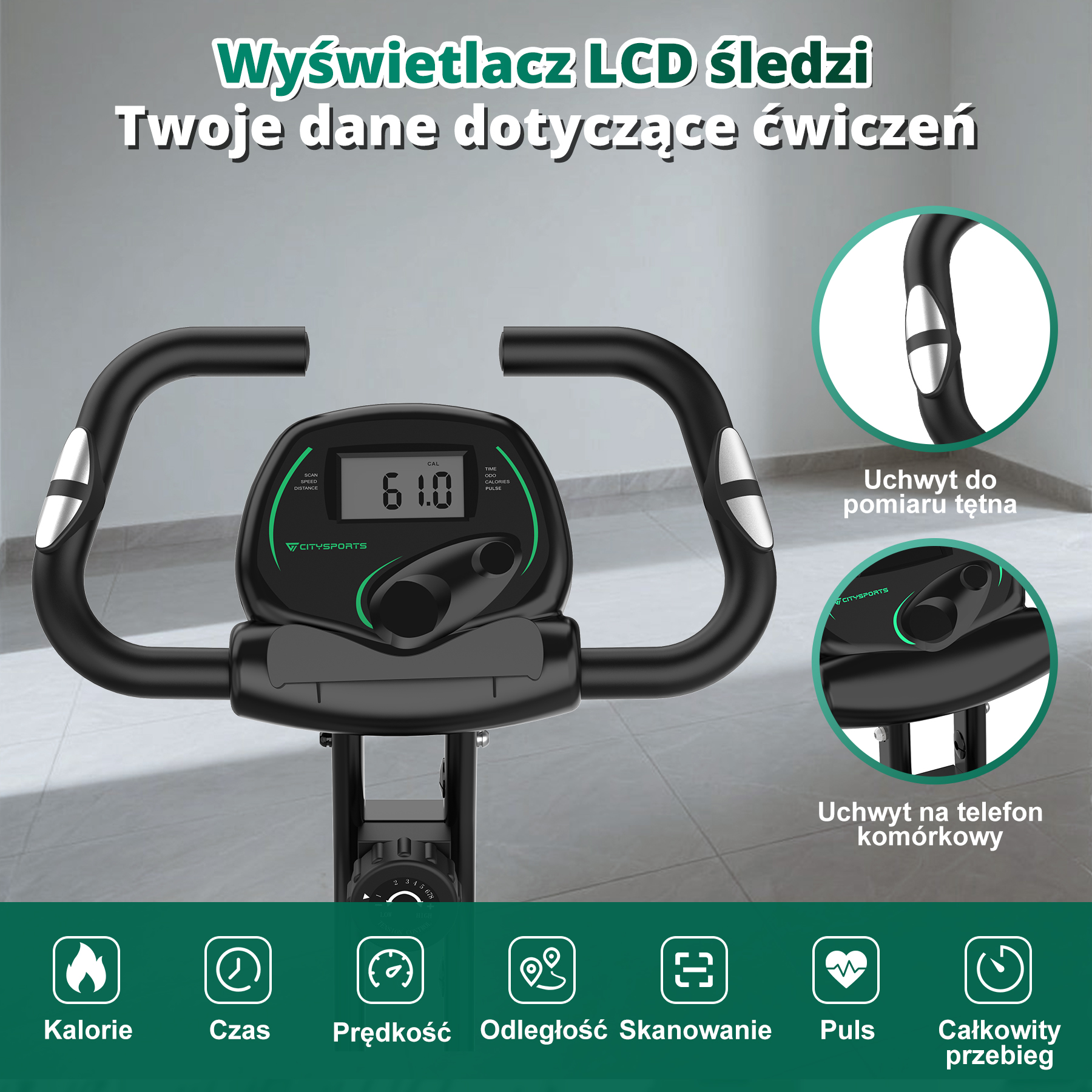 Wyświetlacz roweru stacjonarnego pokazujący dane treningu. Funkcje obejmują czas, prędkość i tętno.