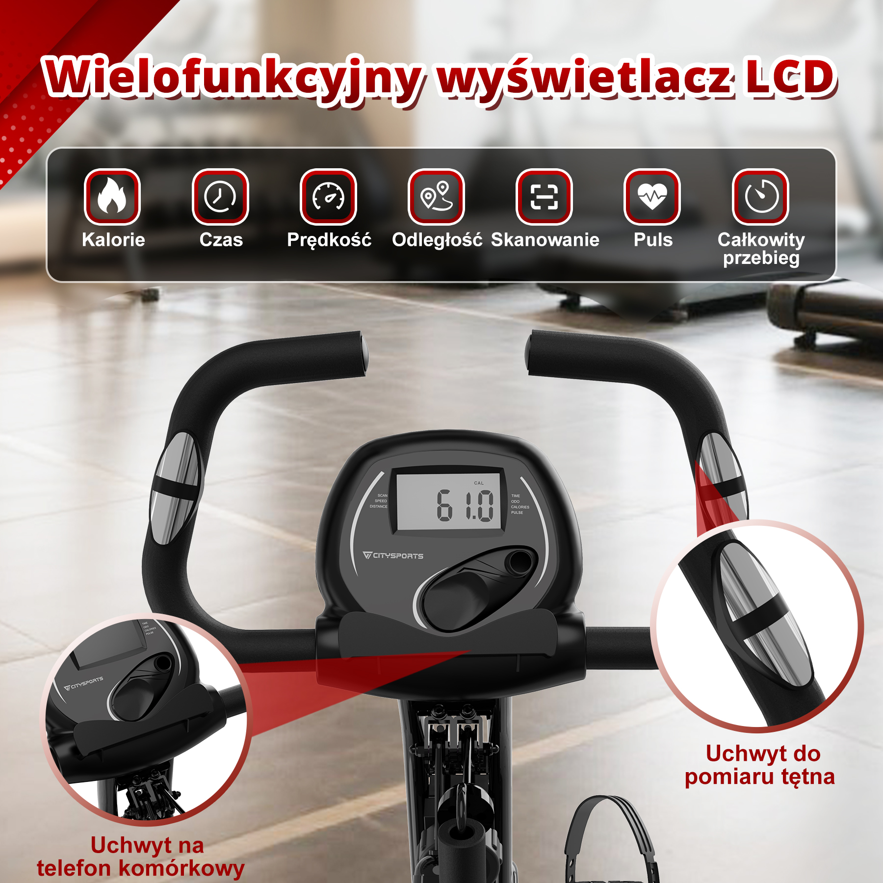 Zbliżenie panelu wyświetlacza roweru stacjonarnego. Pokazuje metryki treningu, takie jak kalorie, czas i tętno.