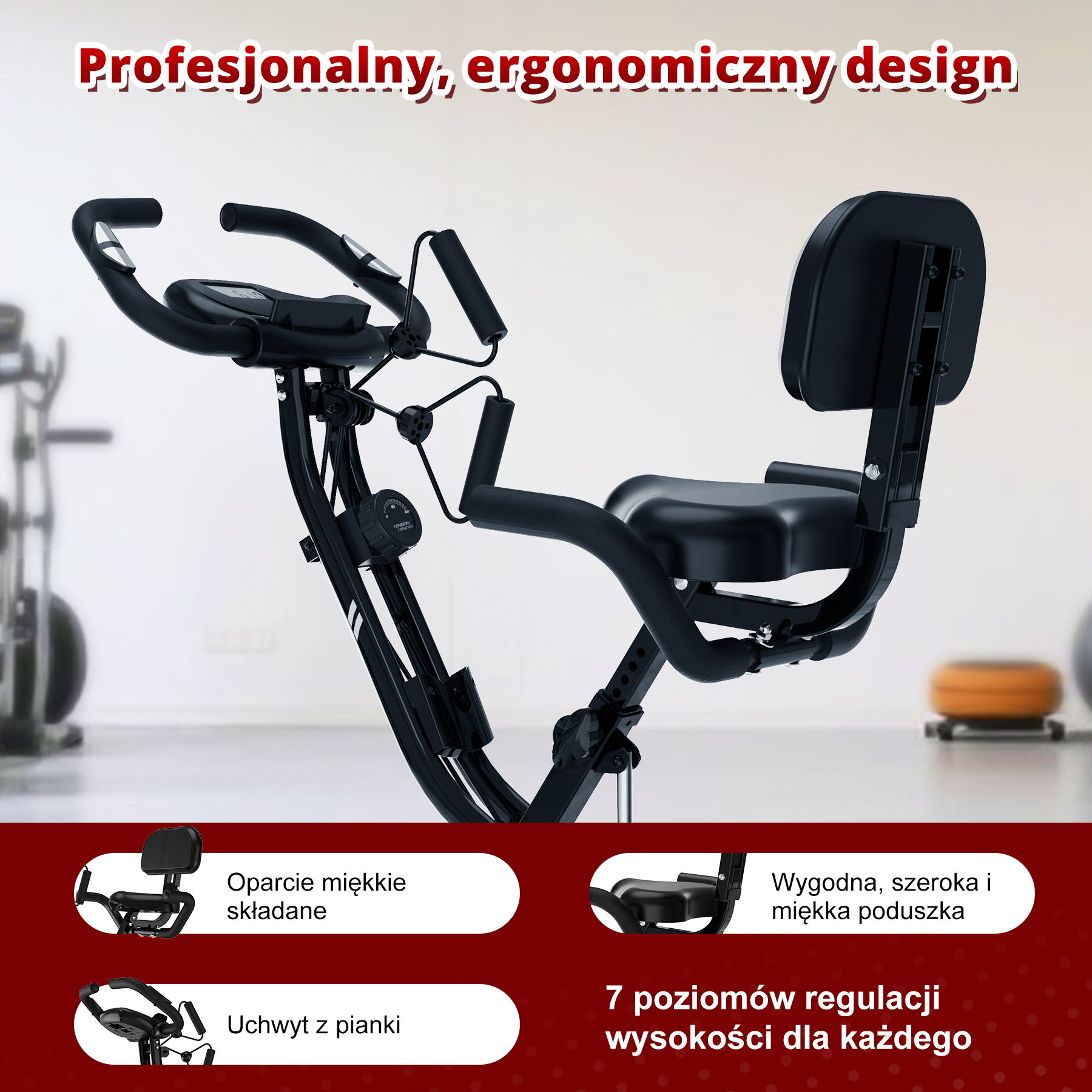 Czarny stacjonarny rower treningowy. Ma wyściełane siedzenie, oparcie i uchwyty. Wstawki pokazują funkcje.