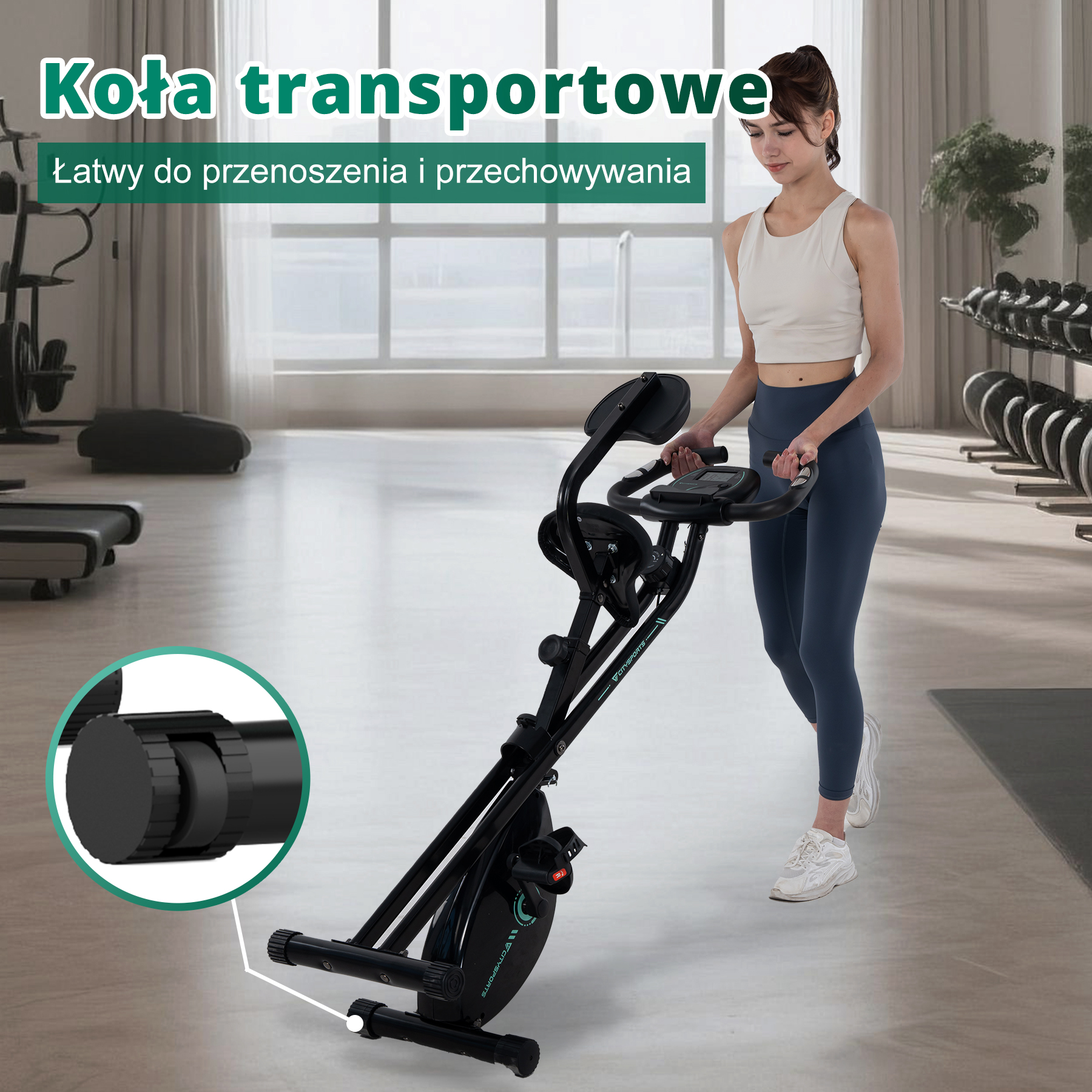 Kobieta przenosi rower stacjonarny w siłowni, podkreślając koła transportowe.