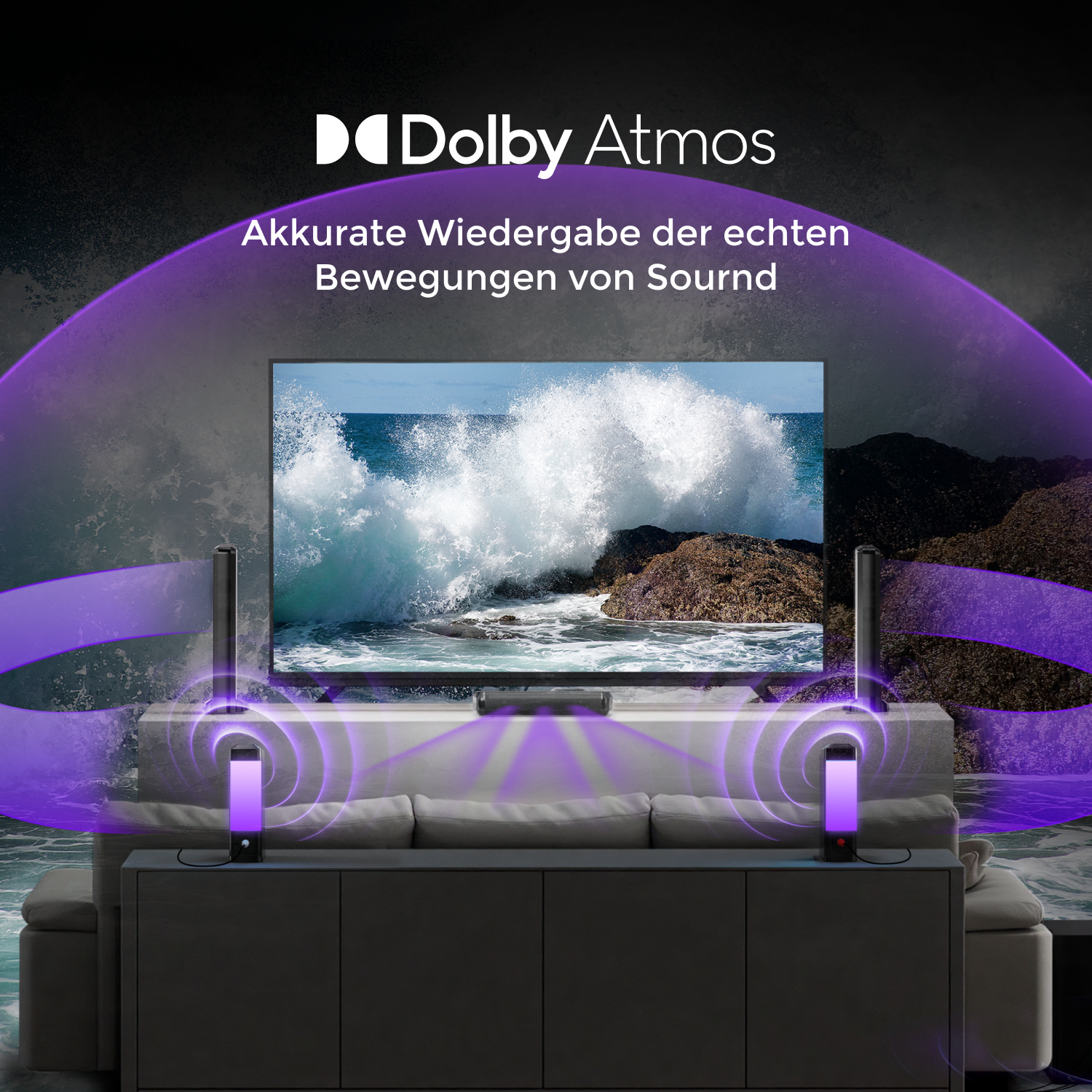 Wohnzimmer mit TV und Lautsprechern, Dolby Atmos Logo und Text über präzisen Sound.