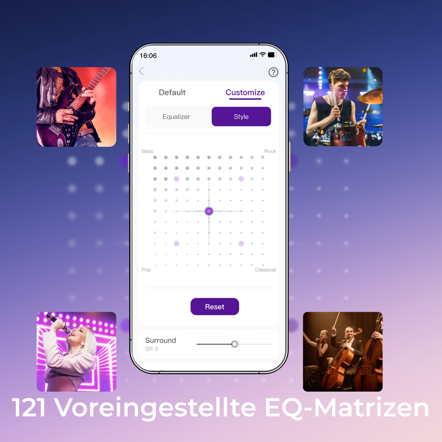 Smartphone-Oberfläche mit Equalizer-Einstellungen und Musikgenre-Symbolen.