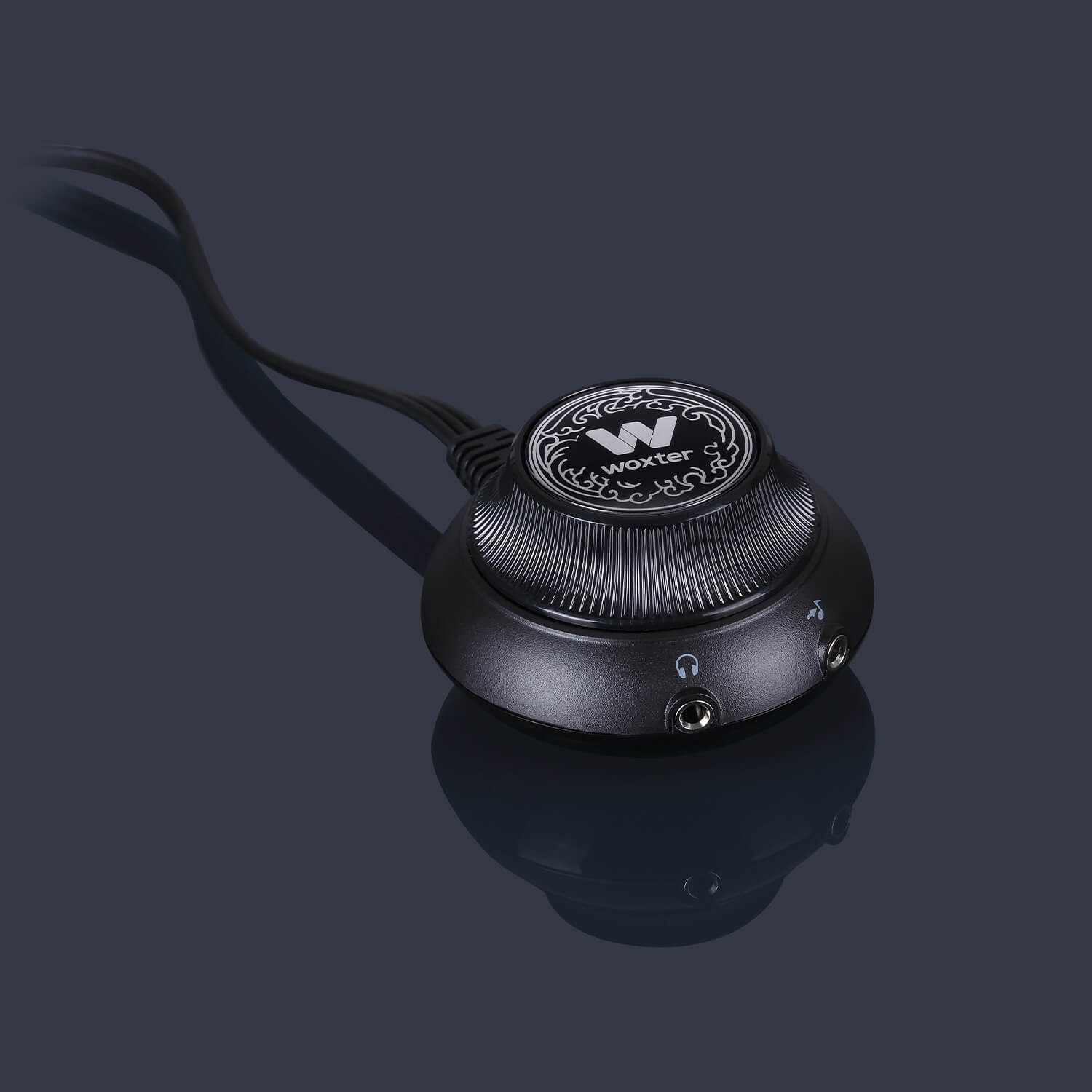Perilla negra de control de volumen con conectores de auriculares y audio, logo Woxter arriba.