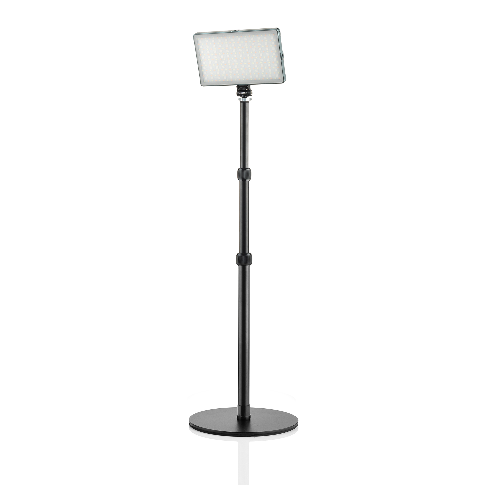 A black light stand with an adjustable LED panel at the top, standing on a white background.